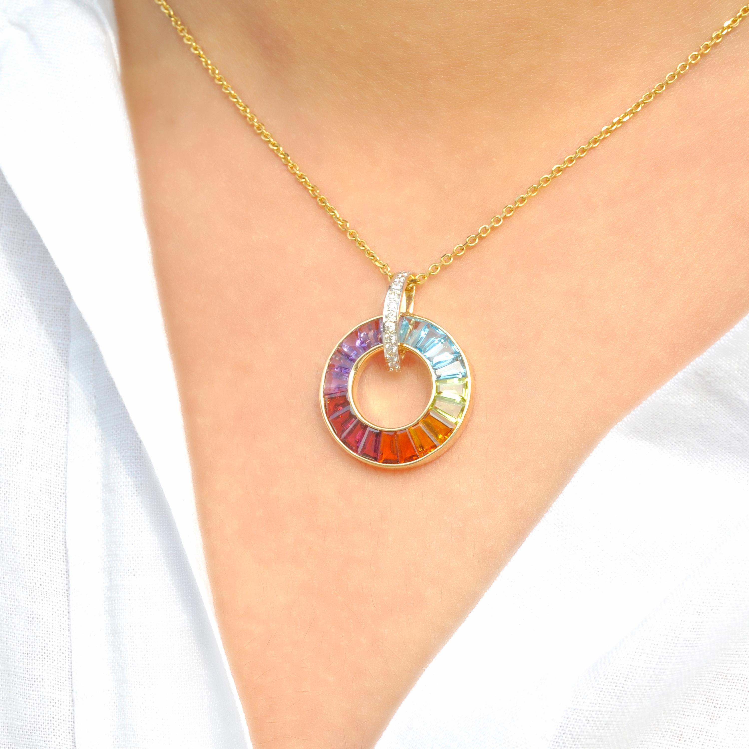 Contemporary 18K Gold Art Deco Inspired Rainbow Gemstones Diamond Circle Pendant Necklace For Sale