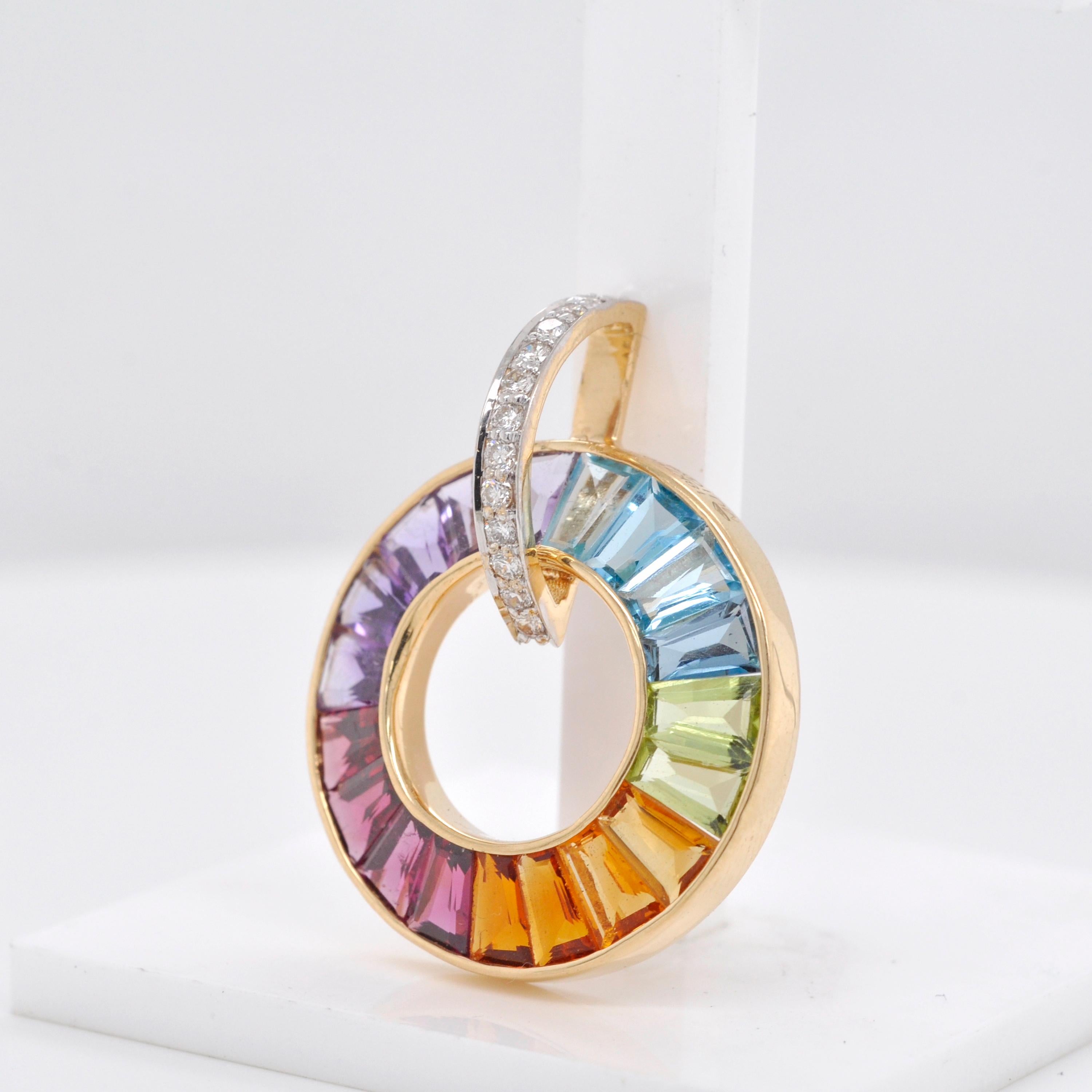 Women's 18K Gold Art Deco Inspired Rainbow Gemstones Diamond Circle Pendant Necklace For Sale