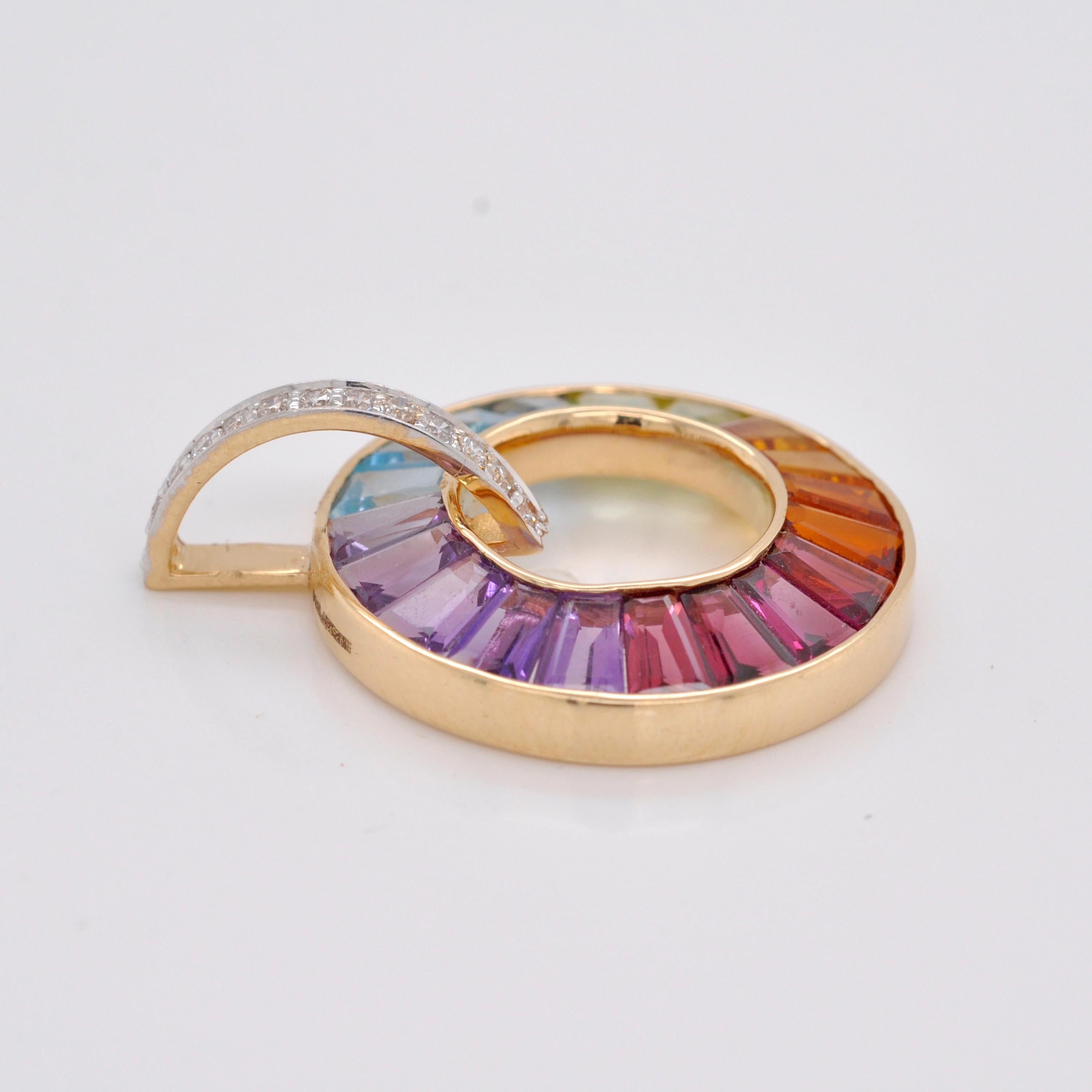 18K Gold Art Deco Inspired Rainbow Gemstones Diamond Circle Pendant Necklace For Sale 2