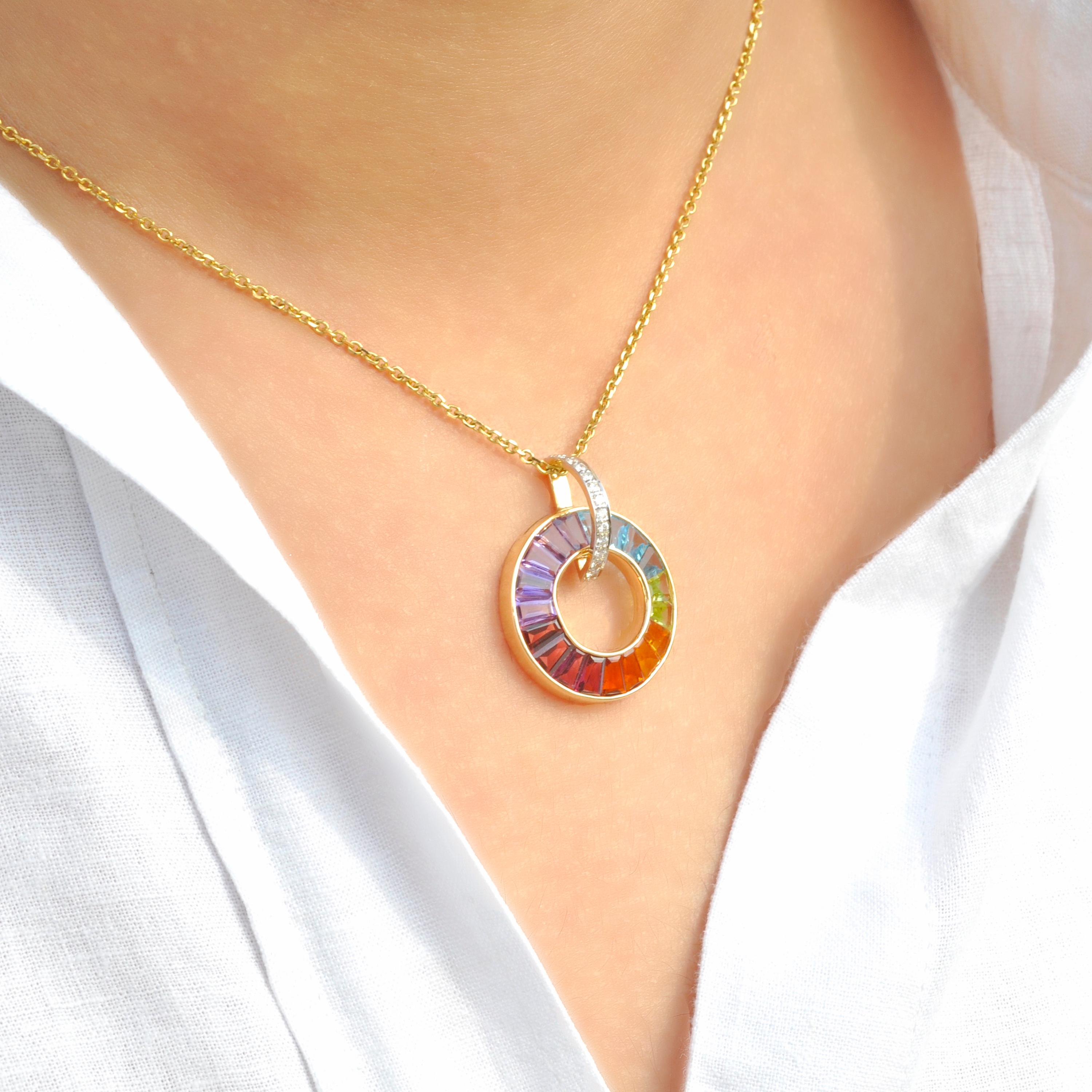18K Gold Art Deco Inspired Rainbow Gemstones Diamond Circle Pendant Necklace For Sale 3