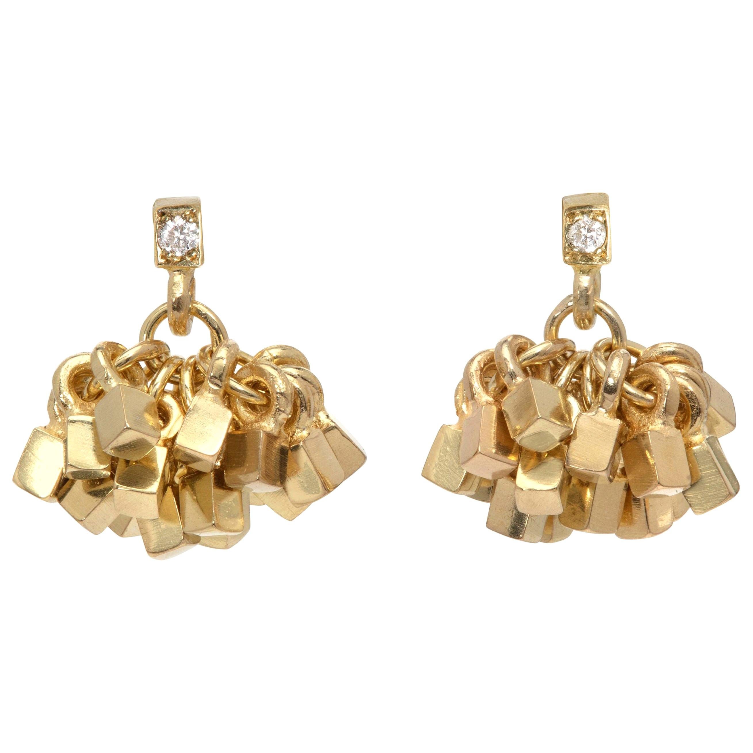 18 Karat Gold "Tassel" with Diamond Stud Top Pierced Earrings