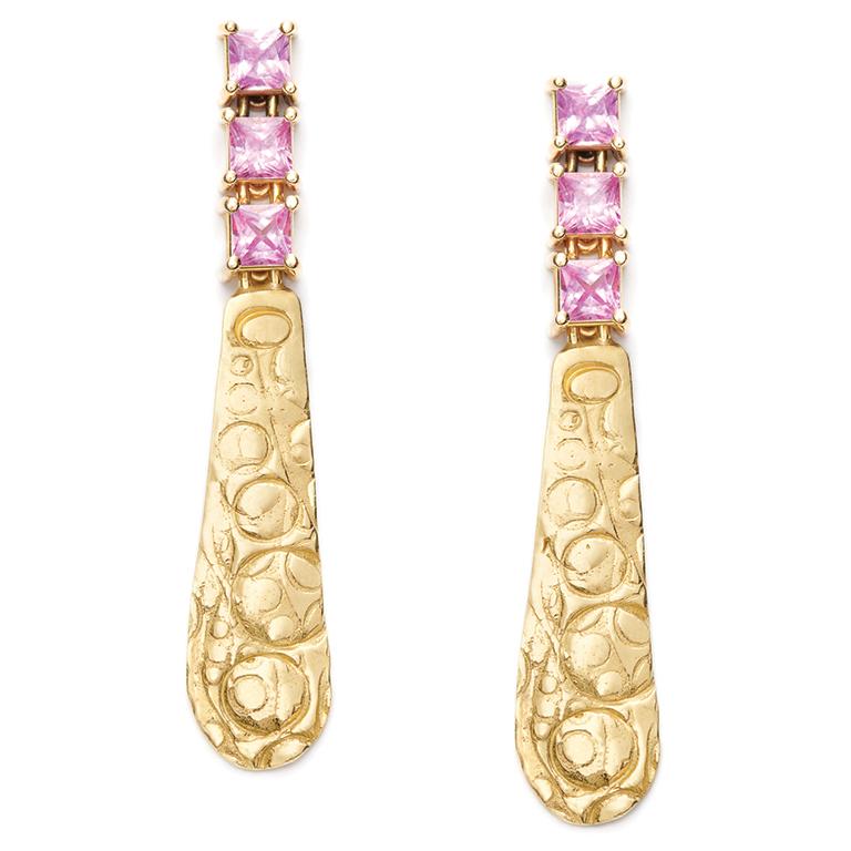 Artisan 18 Karat Gold Textured Drops with 2 Carat Pink Sapphires For Sale