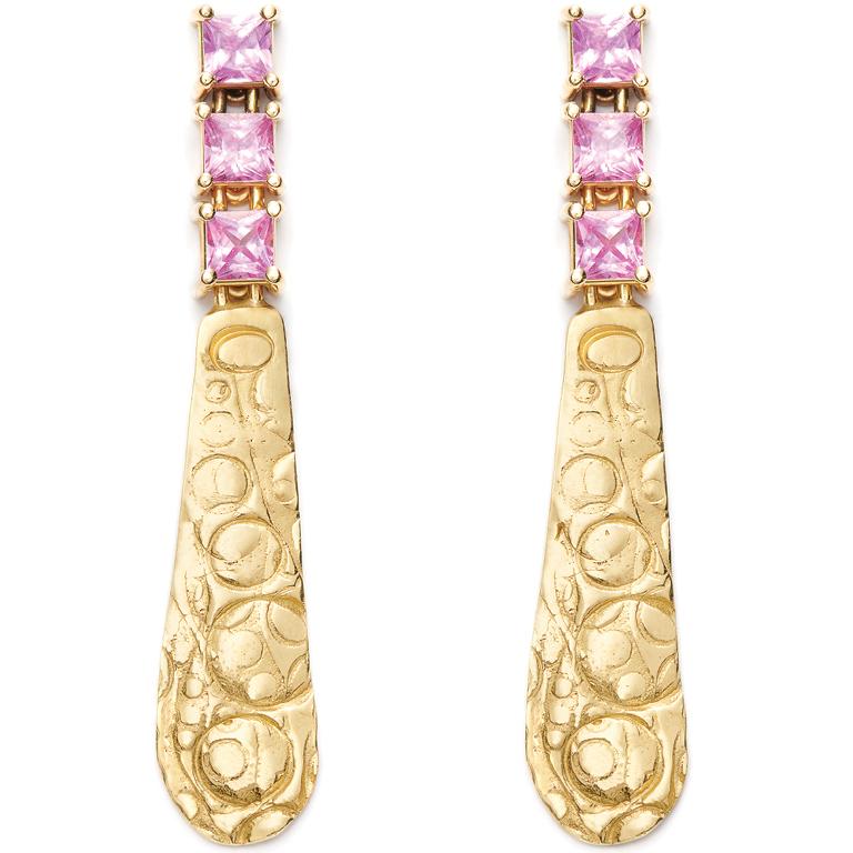Square Cut 18 Karat Gold Textured Drops with 2 Carat Pink Sapphires For Sale