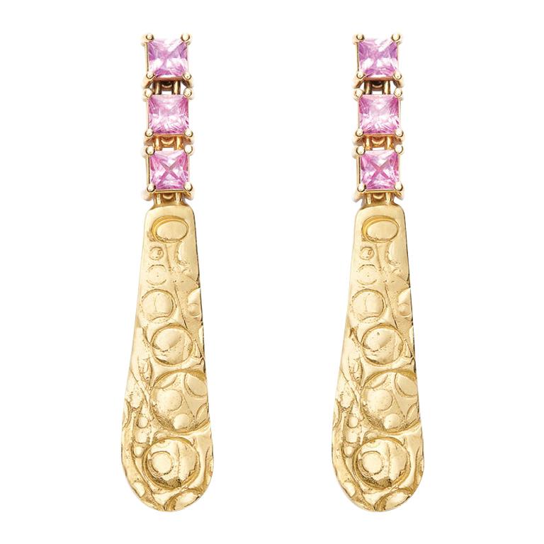 18 Karat Gold Textured Drops with 2 Carat Pink Sapphires For Sale