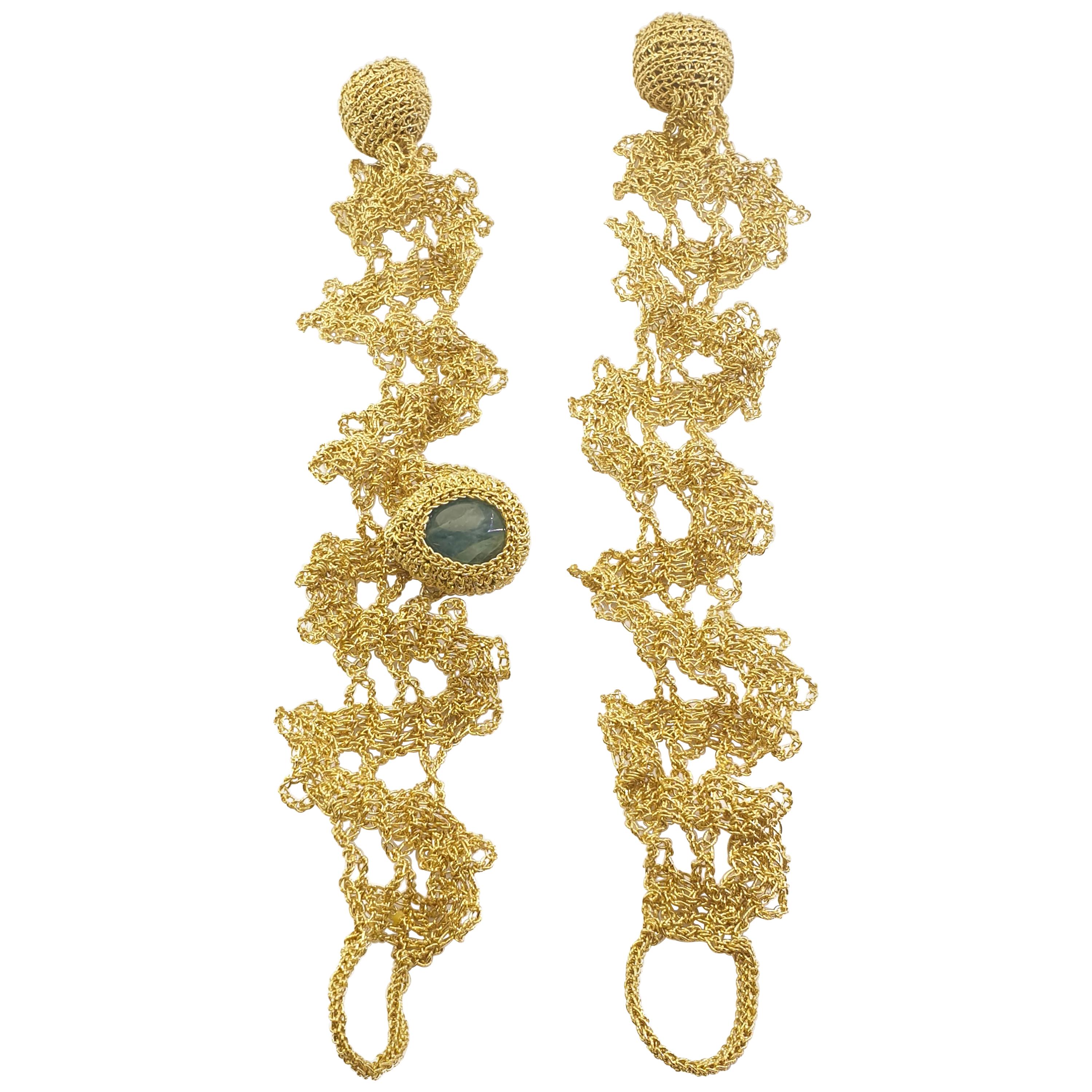 18 Karat Gold Thread Aquamarine Crochet Unique One of a Kind Delicate Bracelets For Sale