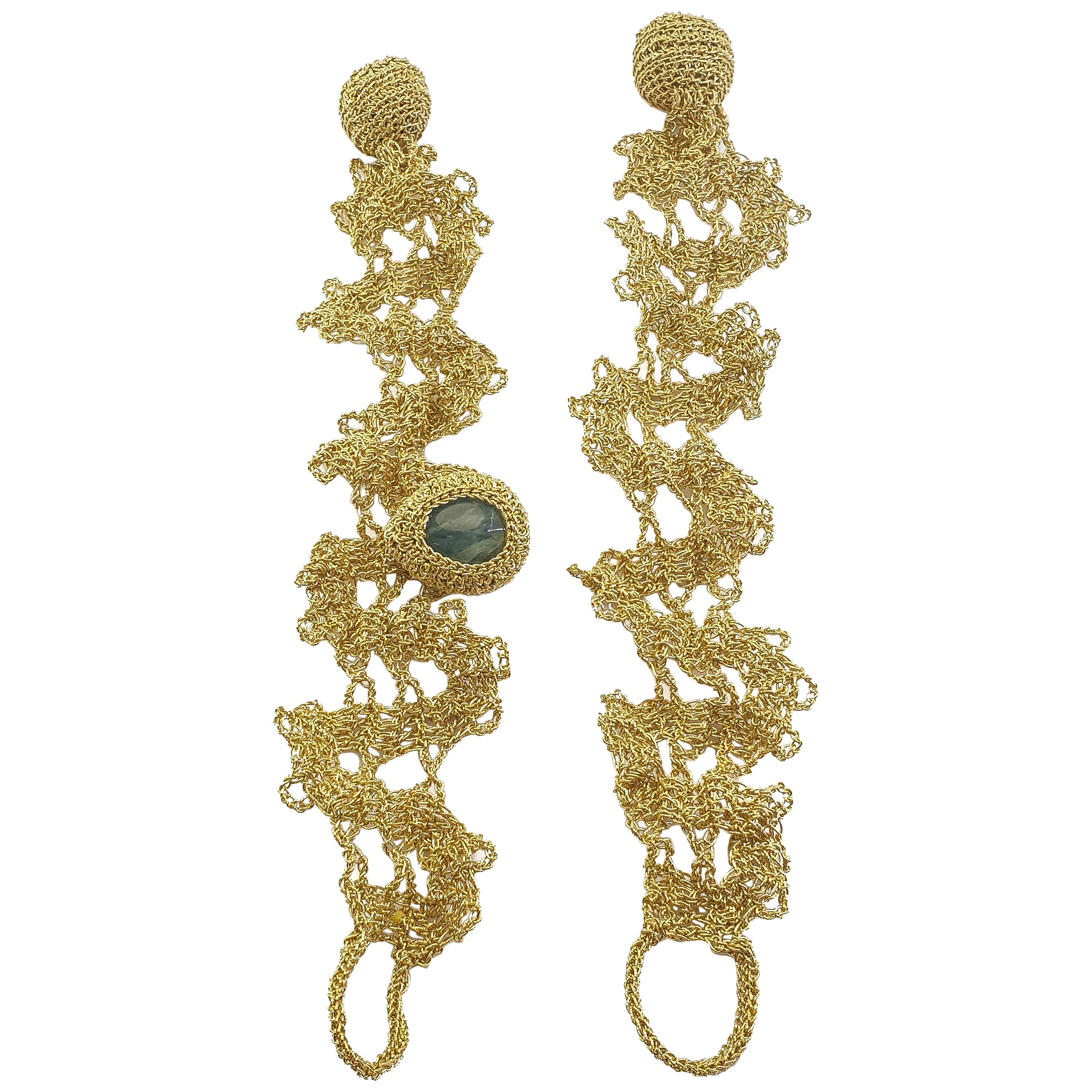 18 Karat Gold Thread Aquamarine Crochet Unique One of a Kind Delicate Bracelets For Sale