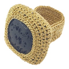 18 Karat Gold Thread Black Natural Lava Crochet Statement Cocktail Handmade Ring