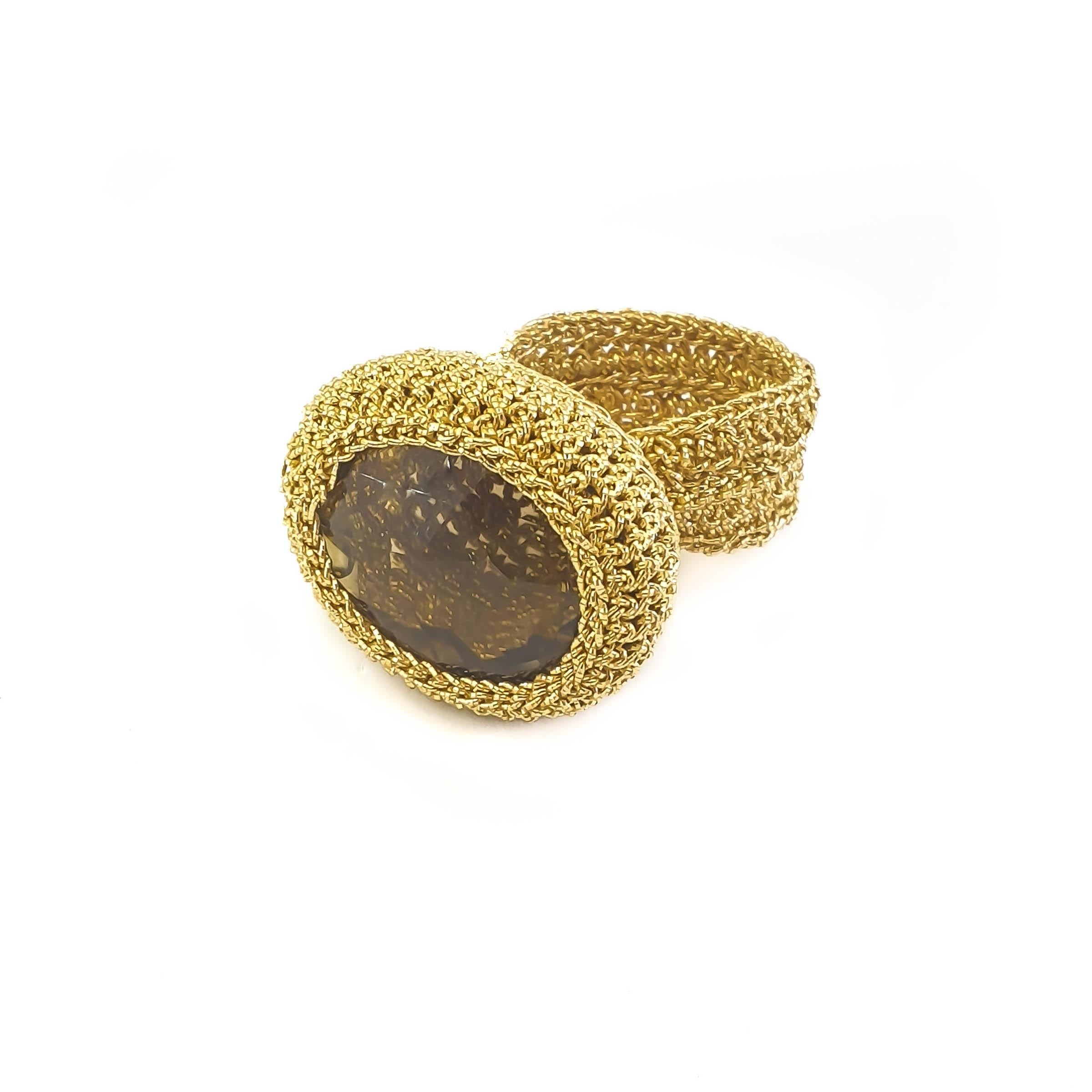 Artist 18 Karat Gold Thread Citrine Crochet One of a Kind Statement Handcrafted Ring For Sale