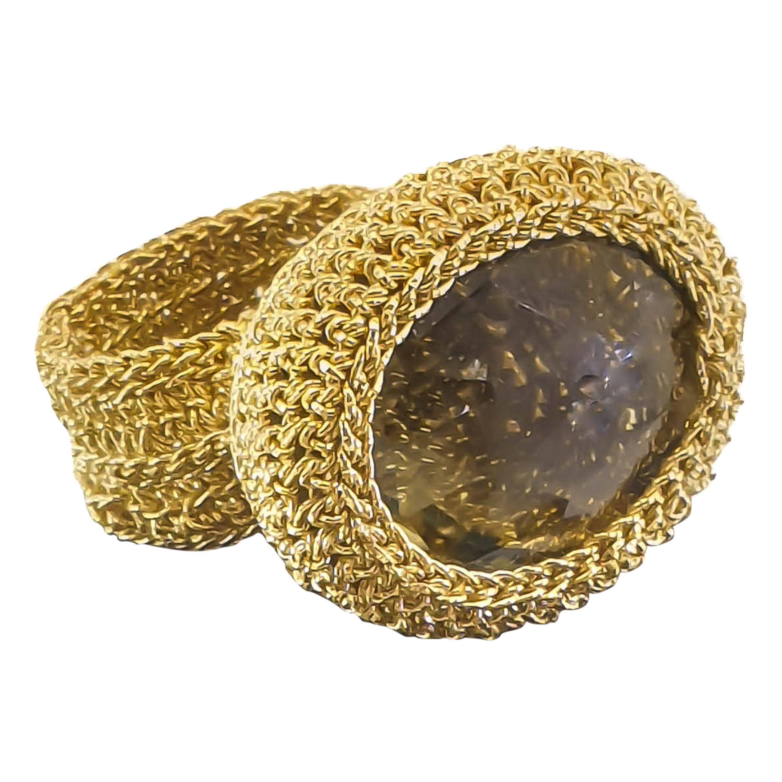 18 Karat Gold Thread Citrine Crochet One of a Kind Statement Handcrafted Ring For Sale