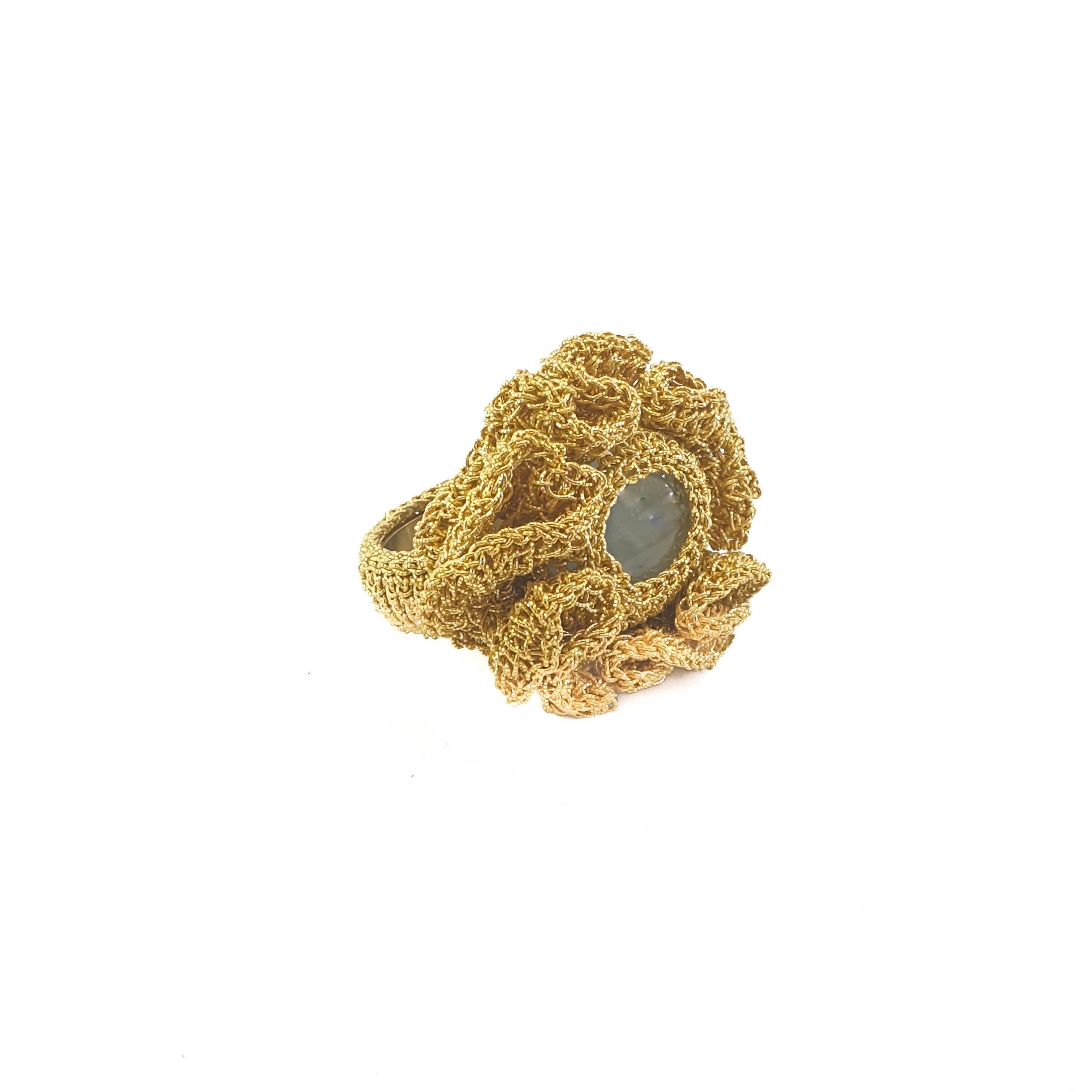 For Sale:  18 Karat Gold Thread Crochet Aquamarine Cocktail Ring 2