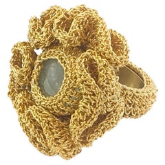18 Karat Gold Thread Crochet Aquamarine Cocktail Ring