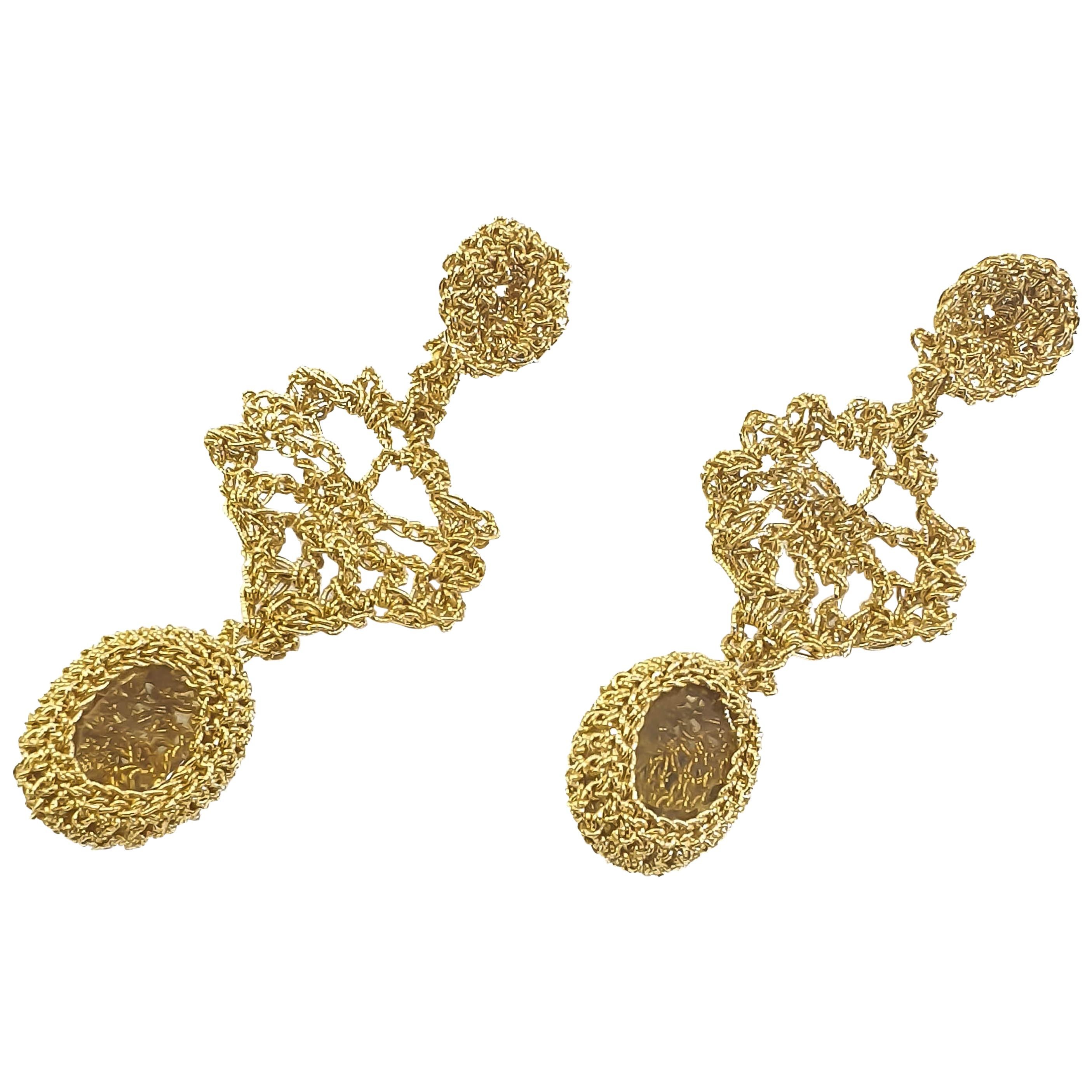 18 Karat Gold Thread Crochet Earrings Citrine Classic Unique Artsy Fashion Style For Sale
