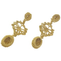 18 Karat Gold Thread Crochet Earrings Citrine Classic Unique Artsy Fashion Style