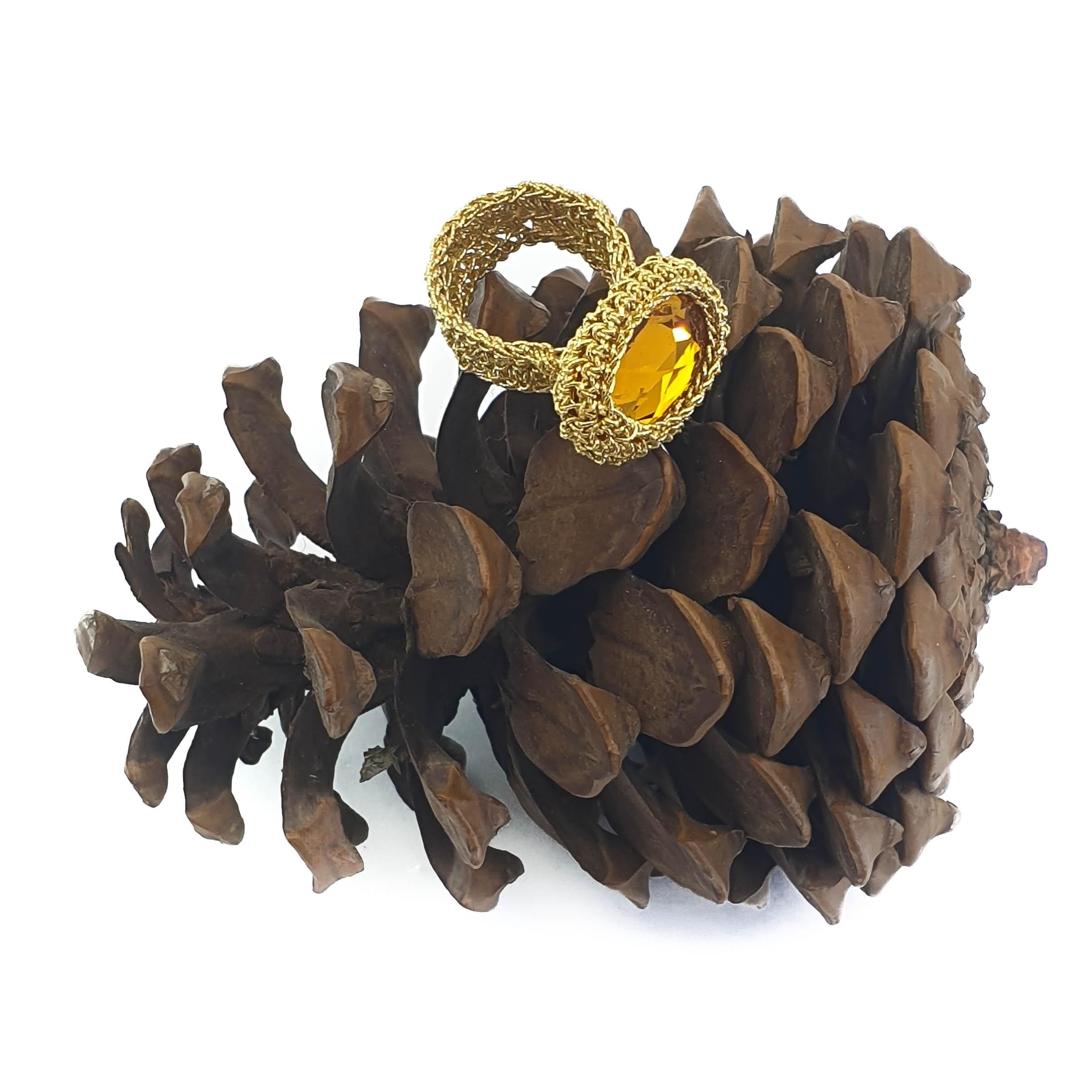 Artisan 18 Karat Gold Thread Crochet Ring Amber Swarovski Classic Unique Intricate Fine For Sale