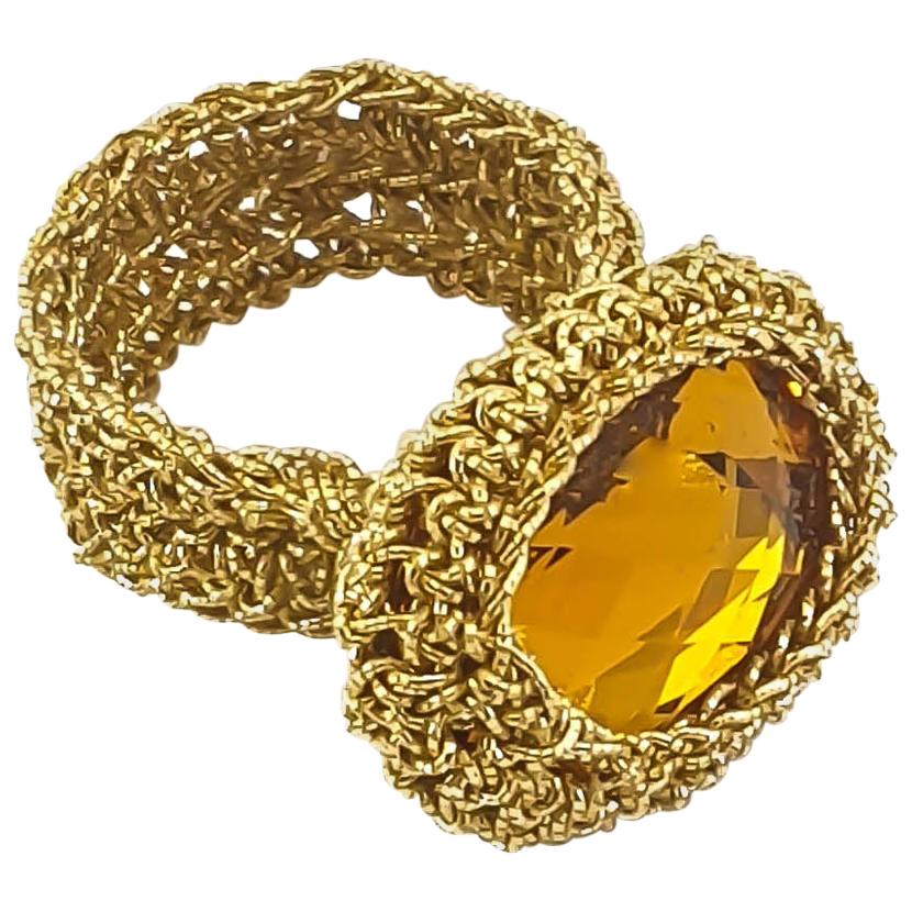 18 Karat Gold Thread Crochet Ring Amber Swarovski Classic Unique Intricate Fine For Sale