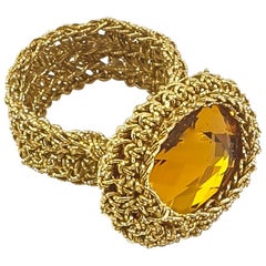 18 Karat Gold Thread Crochet Ring Amber Swarovski Classic Unique Intricate Fine