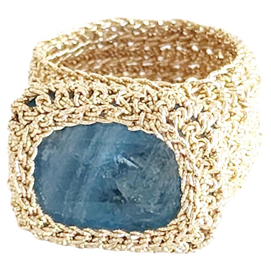18 Karat Gold Thread Crochet Ring Aquamarine For Sale