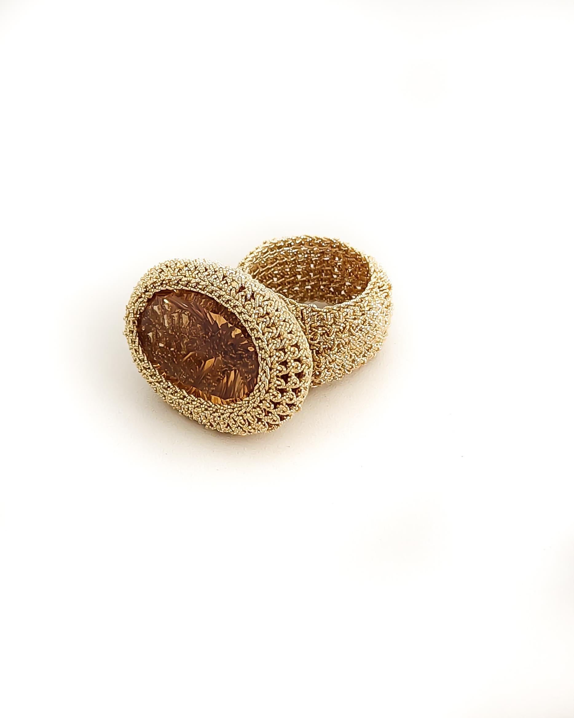 Artisan 18 Karat Gold Thread Crochet Ring Citrine For Sale