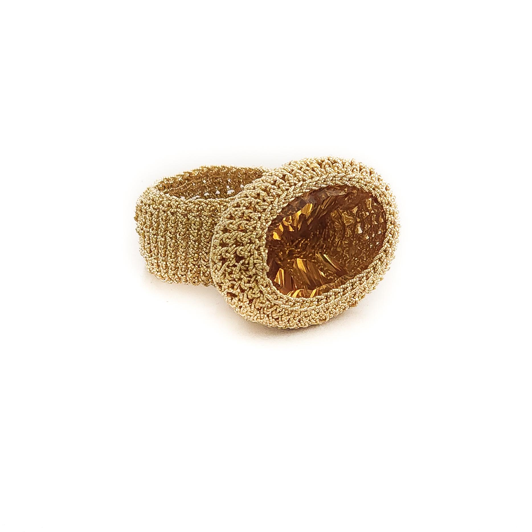 Women's or Men's 18 Karat Gold Thread Crochet Ring Citrine For Sale