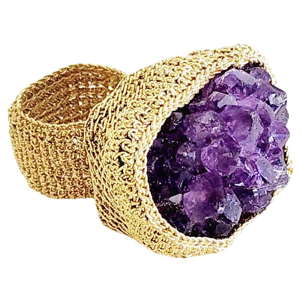 18 Karat Gold Thread Crochet Ring Druze Amethyst For Sale