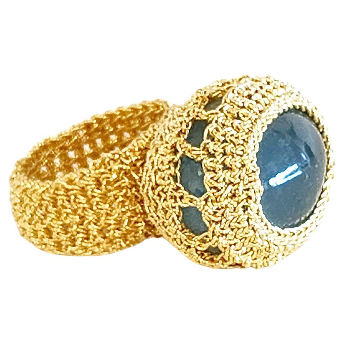 18 Karat Gold Thread Crochet Ring Milky Aquamarine  For Sale