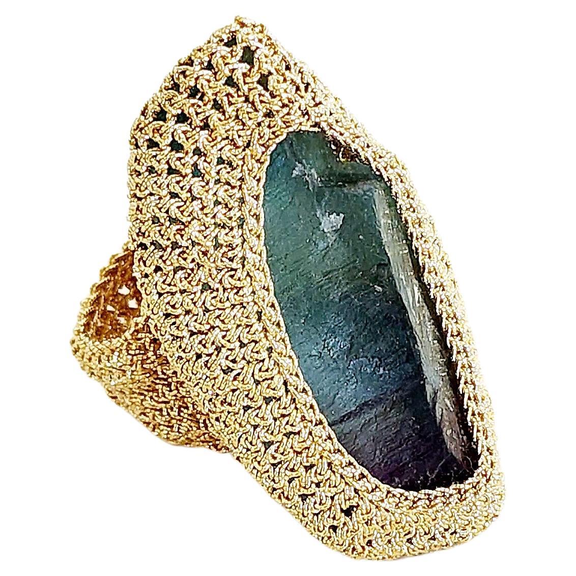 18 Karat Gold Thread Crochet Ring Rough Cut Prehnitee For Sale