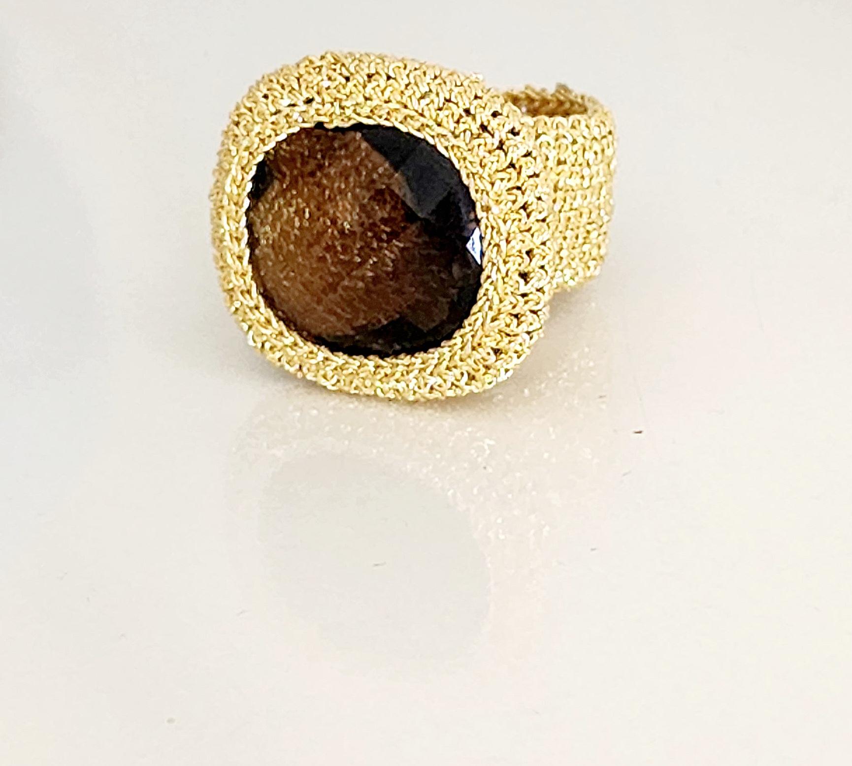 Cushion Cut 18 Karat Gold Thread Crochet Smokey Quartz Ring For Sale