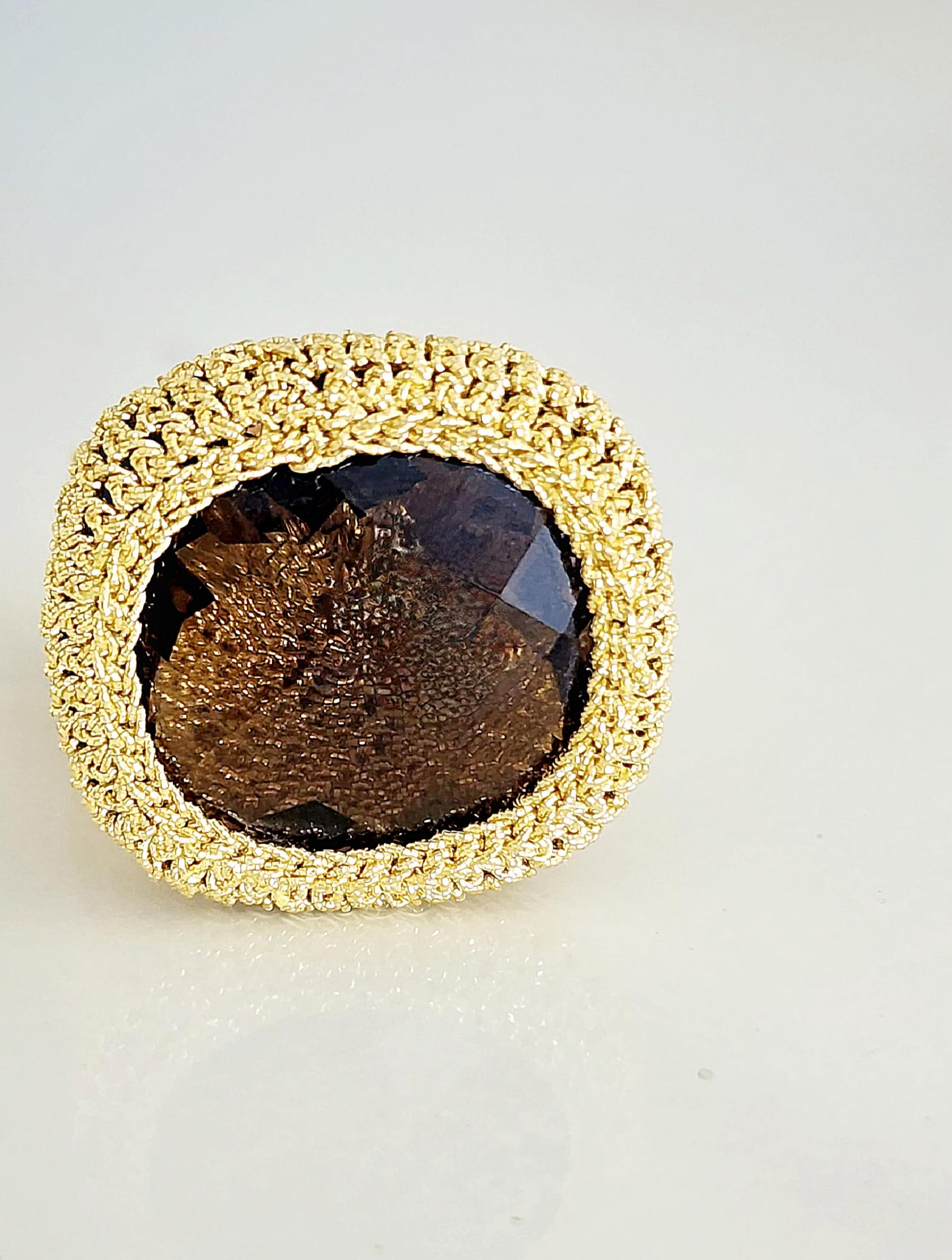 18 Karat Gold Thread Crochet Smokey Quartz Ring For Sale 1