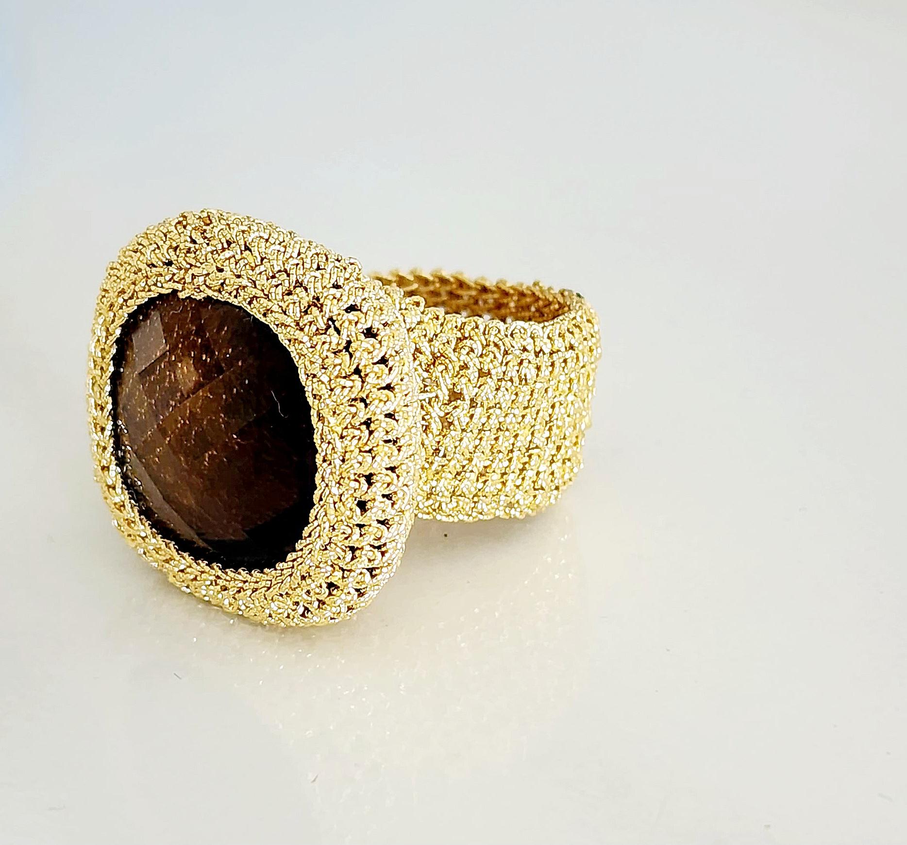 18 Karat Gold Thread Crochet Smokey Quartz Ring For Sale 2