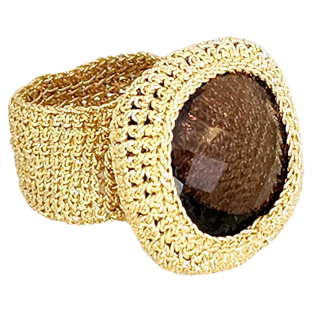 18 Karat Gold Thread Crochet Smokey Quartz Ring For Sale