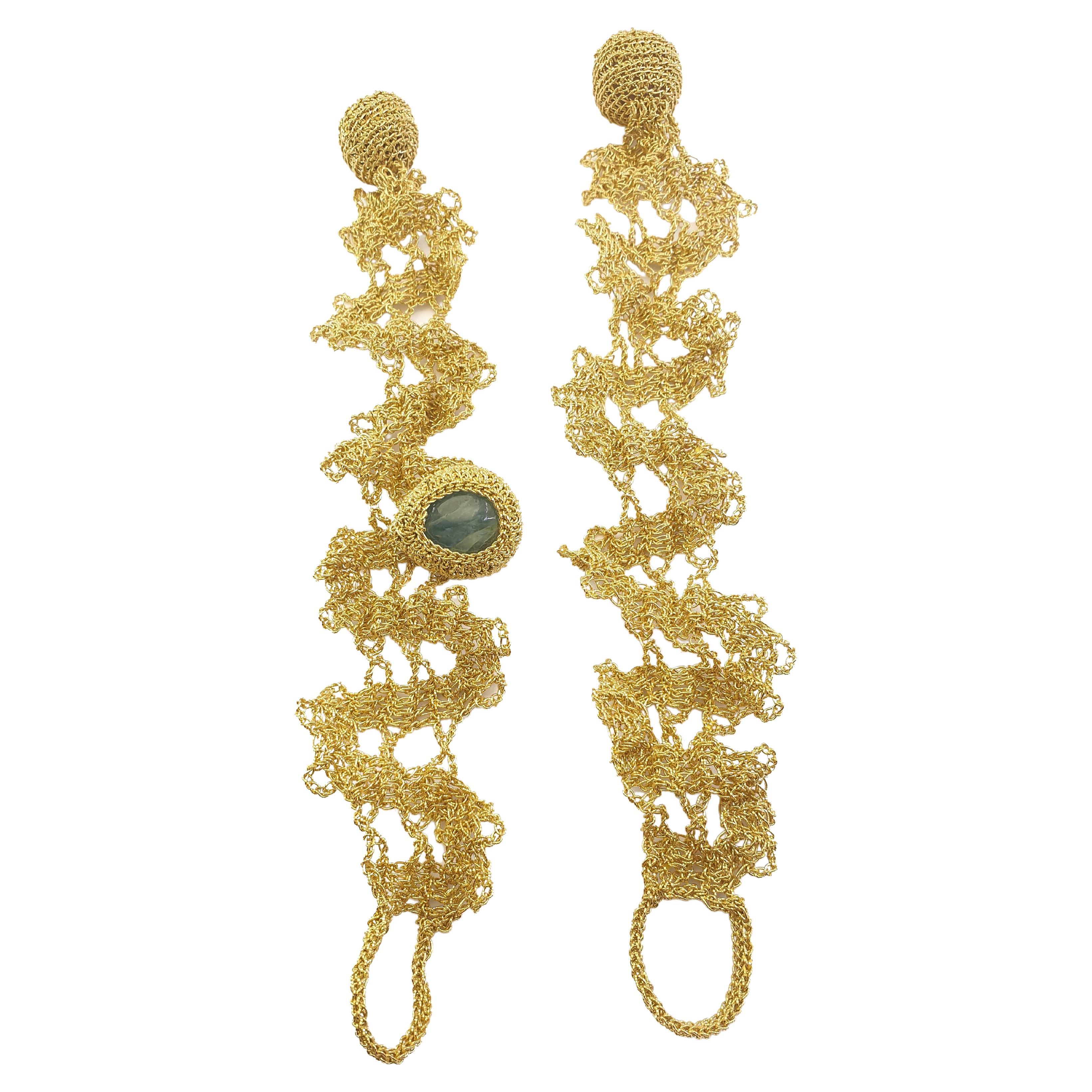Artist 18 Karat Gold Thread Milky Pear Shape Aquamarine Crochet Set Bracelets For Sale
