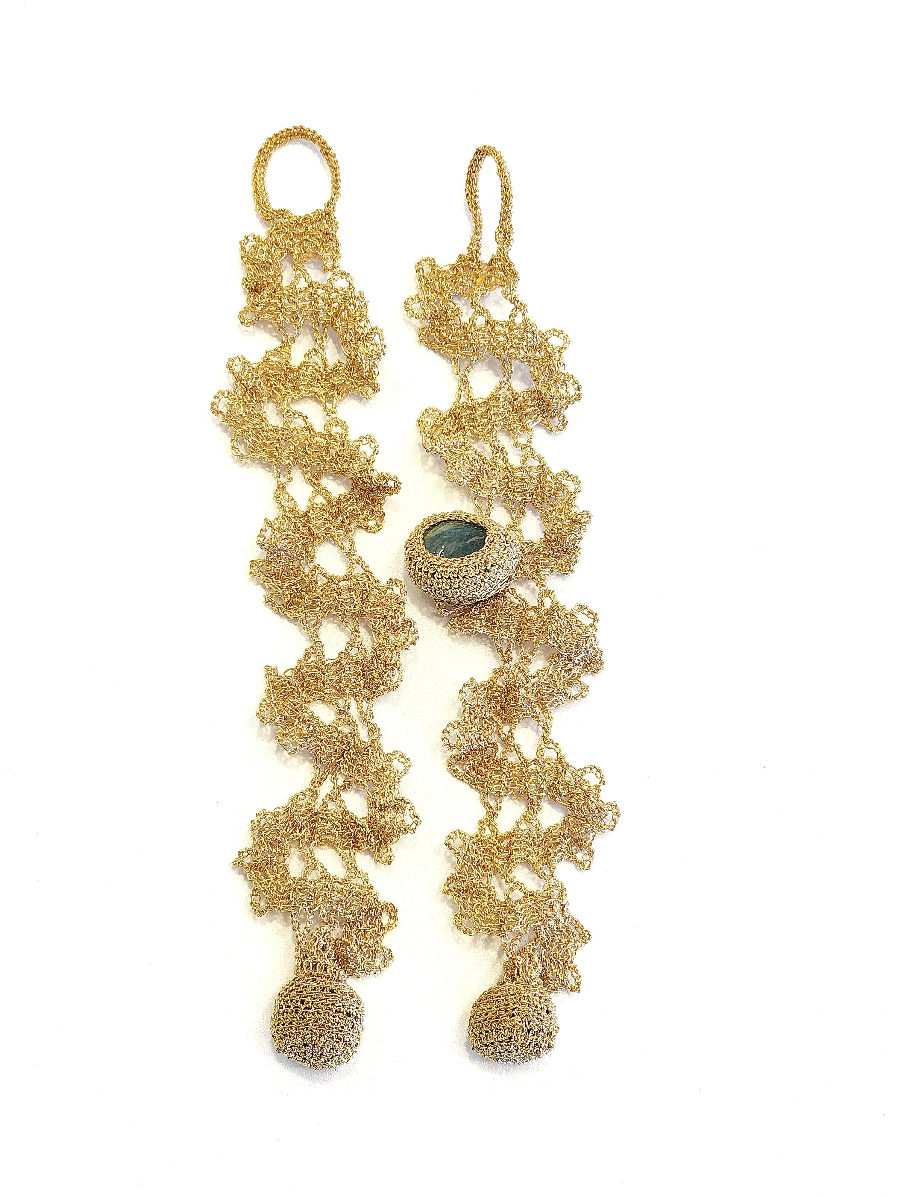 Pear Cut 18 Karat Gold Thread Milky Pear Shape Aquamarine Crochet Set Bracelets For Sale