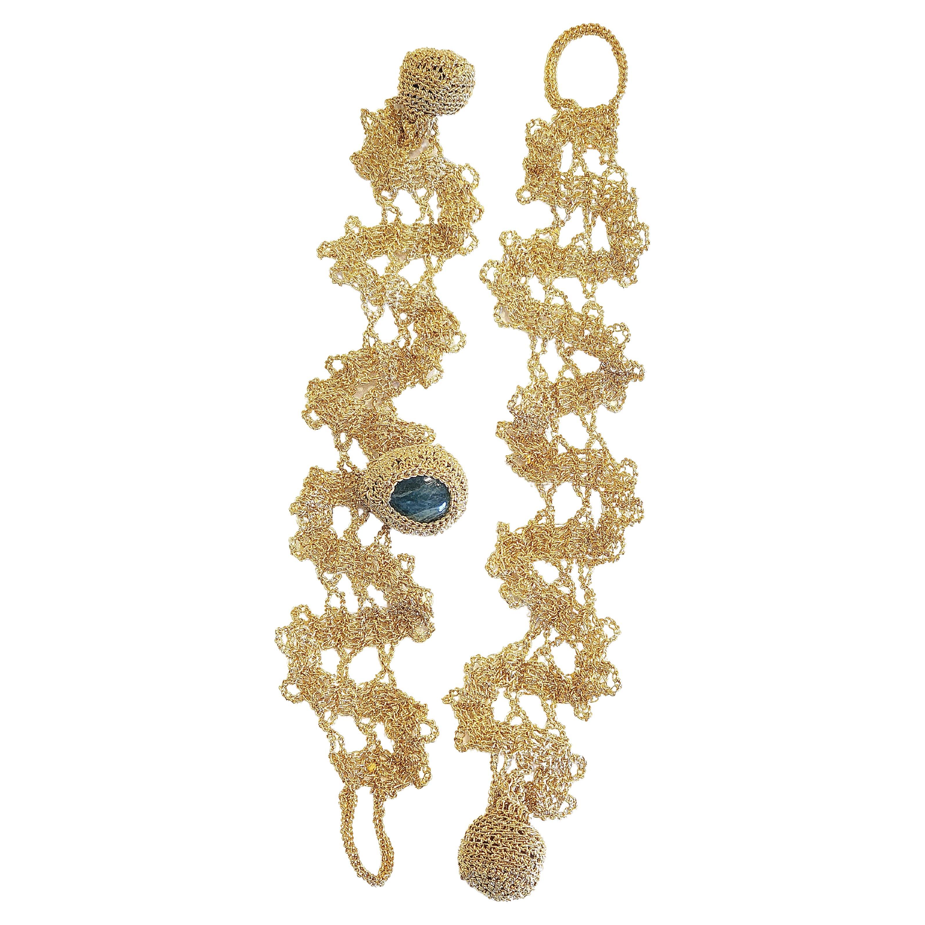 18 Karat Gold Thread Milky Pear Shape Aquamarine Crochet Set Bracelets For Sale