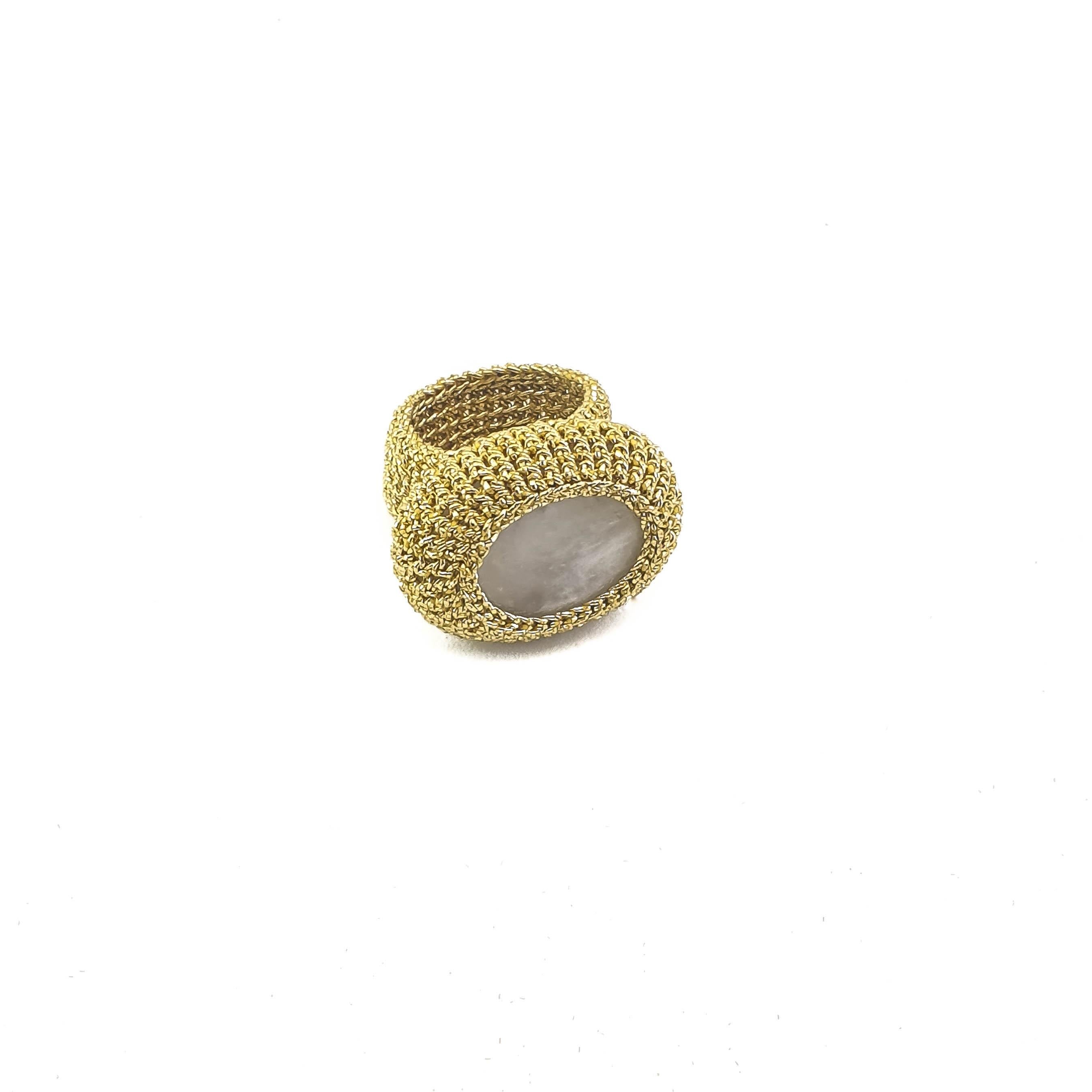 Oval Cut 18 Karat Gold Thread Moonstone Crochet Cocktail Ring Custom Order Handmade For Sale