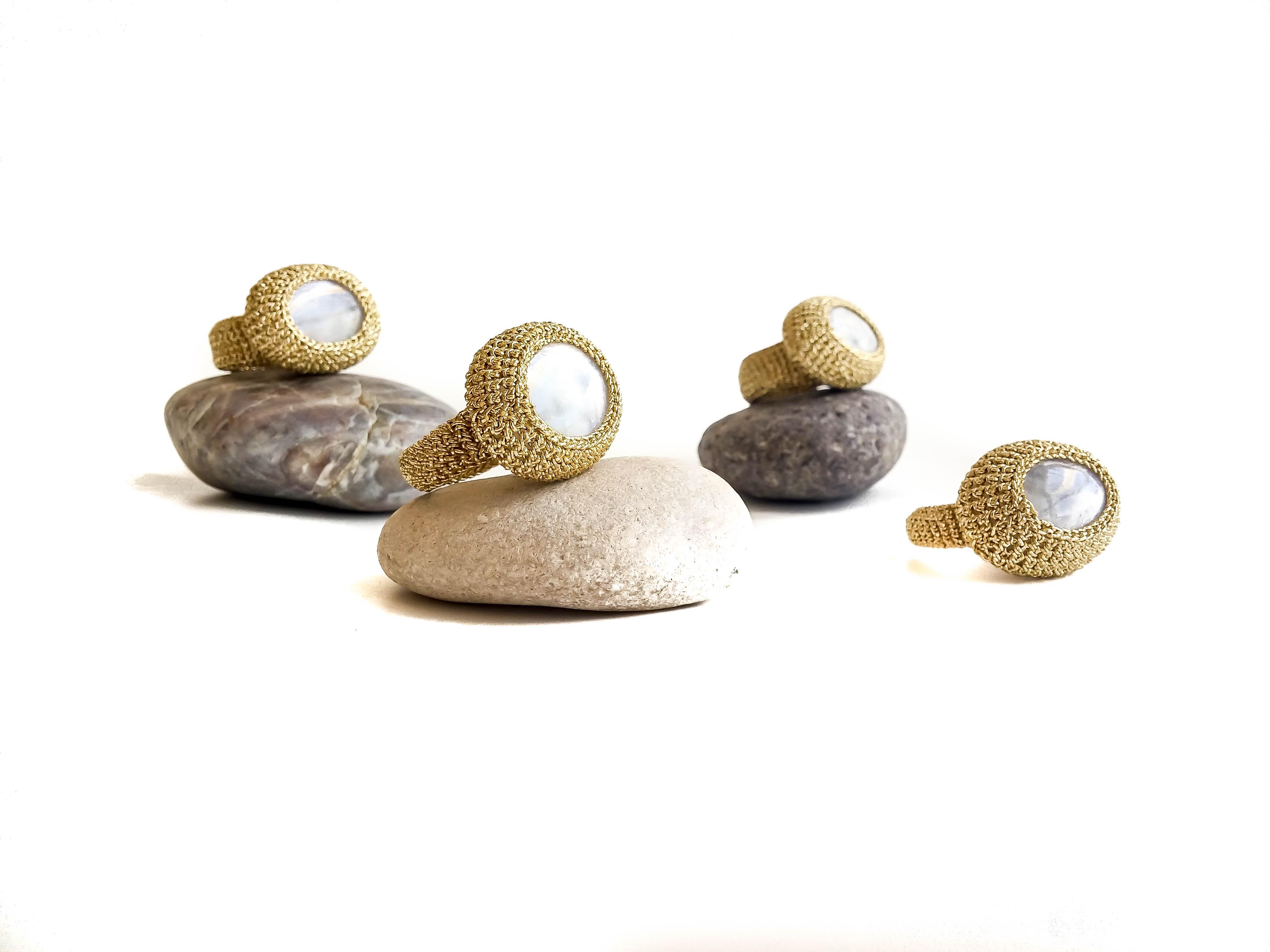 Women's or Men's 18 Karat Gold Thread Moonstone Crochet Cocktail Ring Custom Order Handmade For Sale