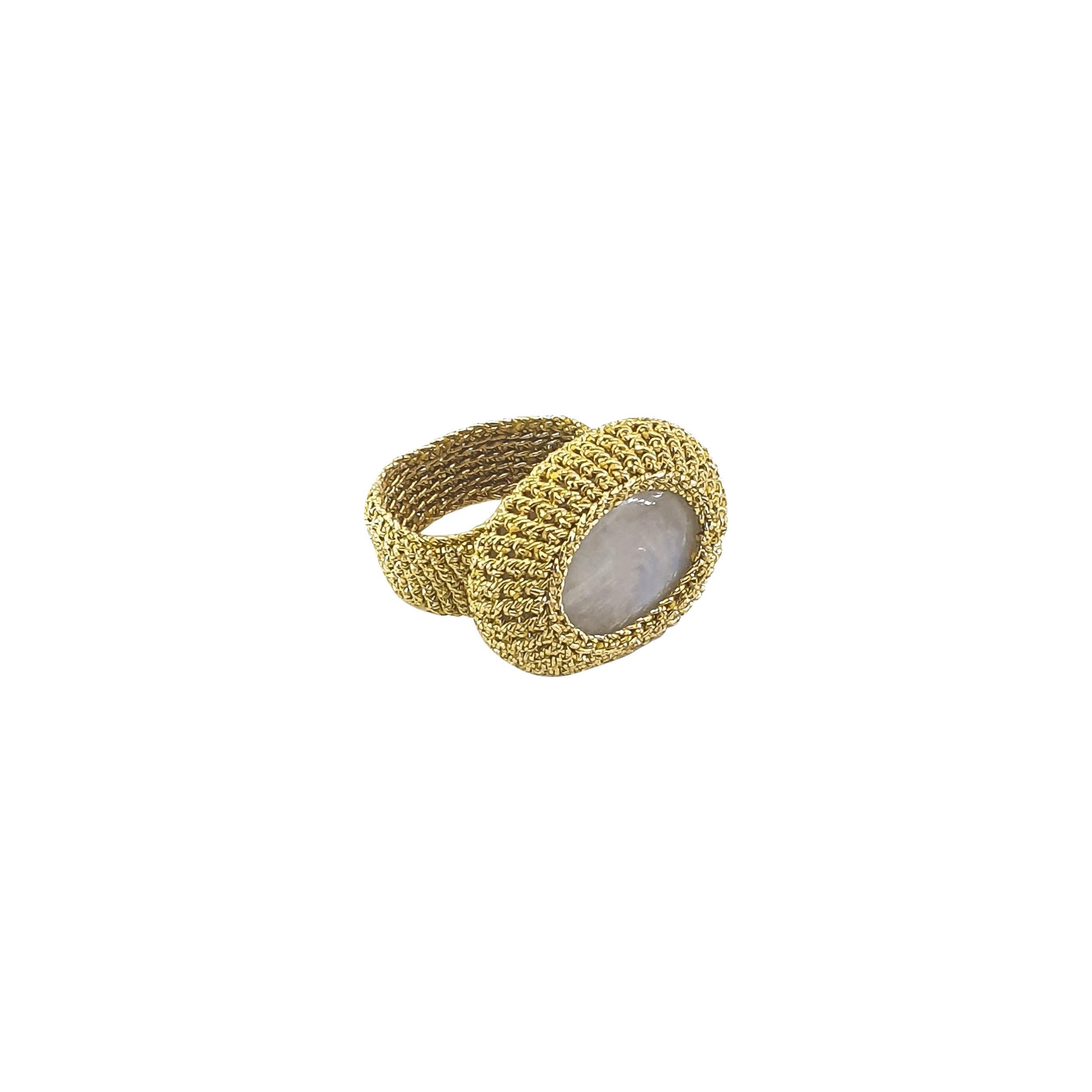 18 Karat Gold Thread Moonstone Crochet Cocktail Ring Custom Order Handmade For Sale