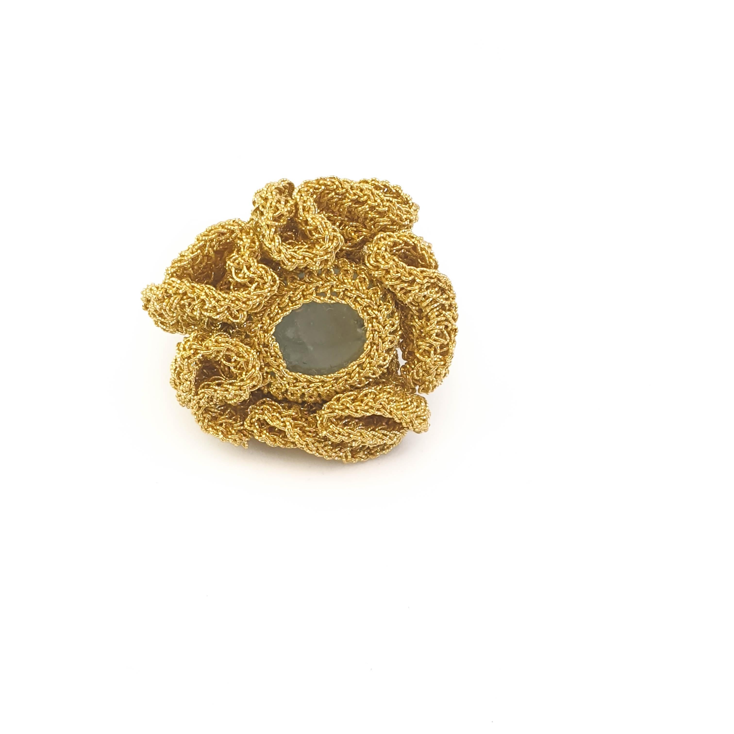 Oval Cut 18 Karat Gold Thread Made to Order Cocktail Crochet Aquamarine Statement Ring For Sale