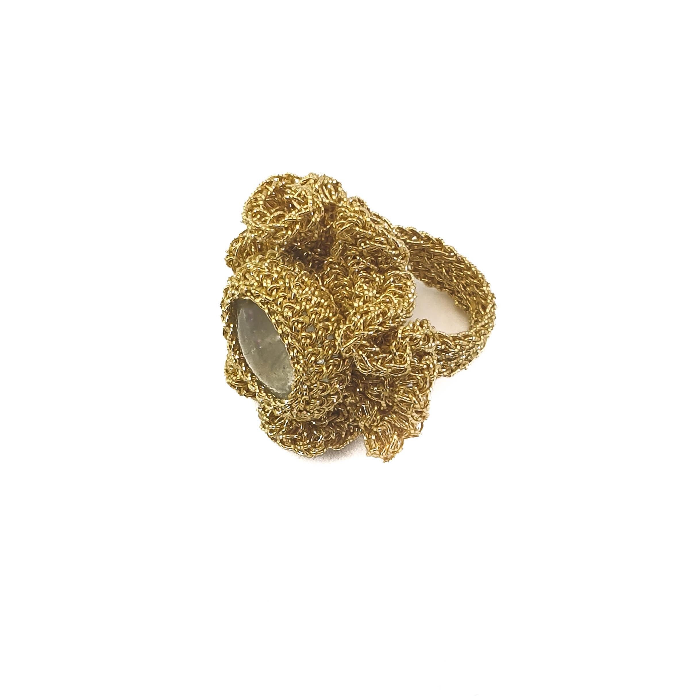 18 Karat Gold Thread Made to Order Cocktail Crochet Aquamarine Statement Ring In New Condition For Sale In  Kfar Saba, IL