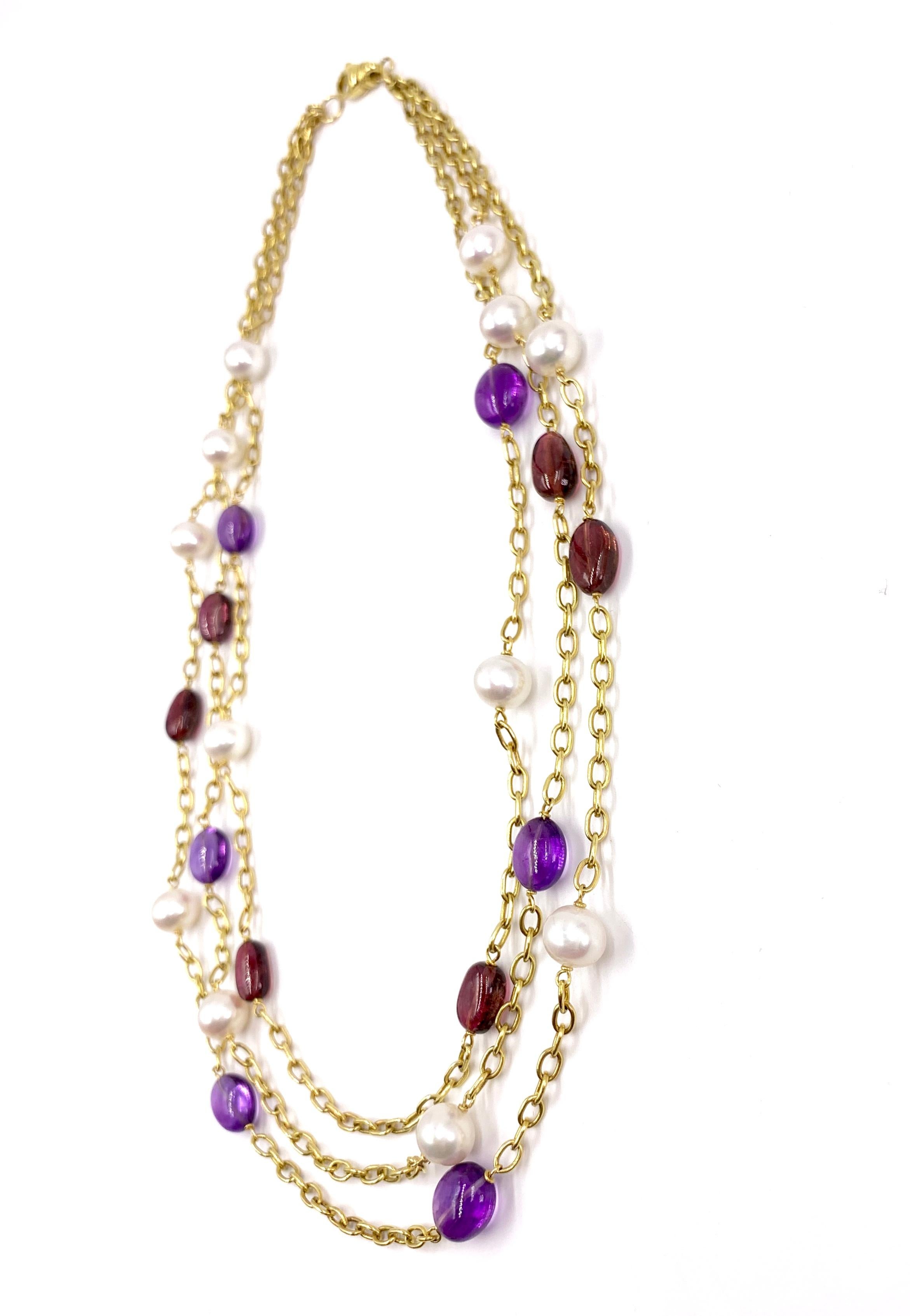 18 Karat Gold Three-Strand Pearl, Amethyst and Tourmaline Necklace In Excellent Condition For Sale In Pikesville, MD