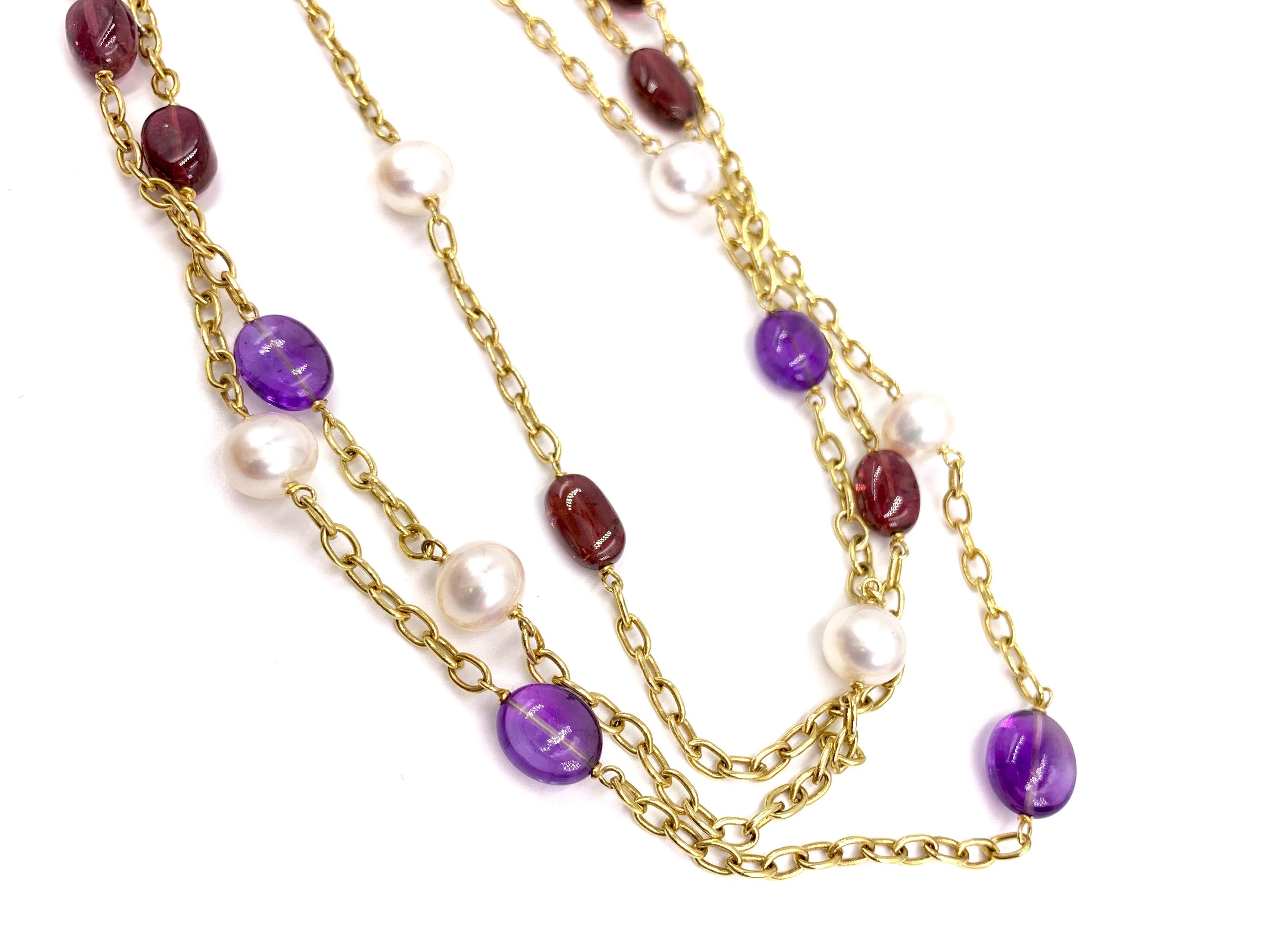 Women's 18 Karat Gold Three-Strand Pearl, Amethyst and Tourmaline Necklace For Sale