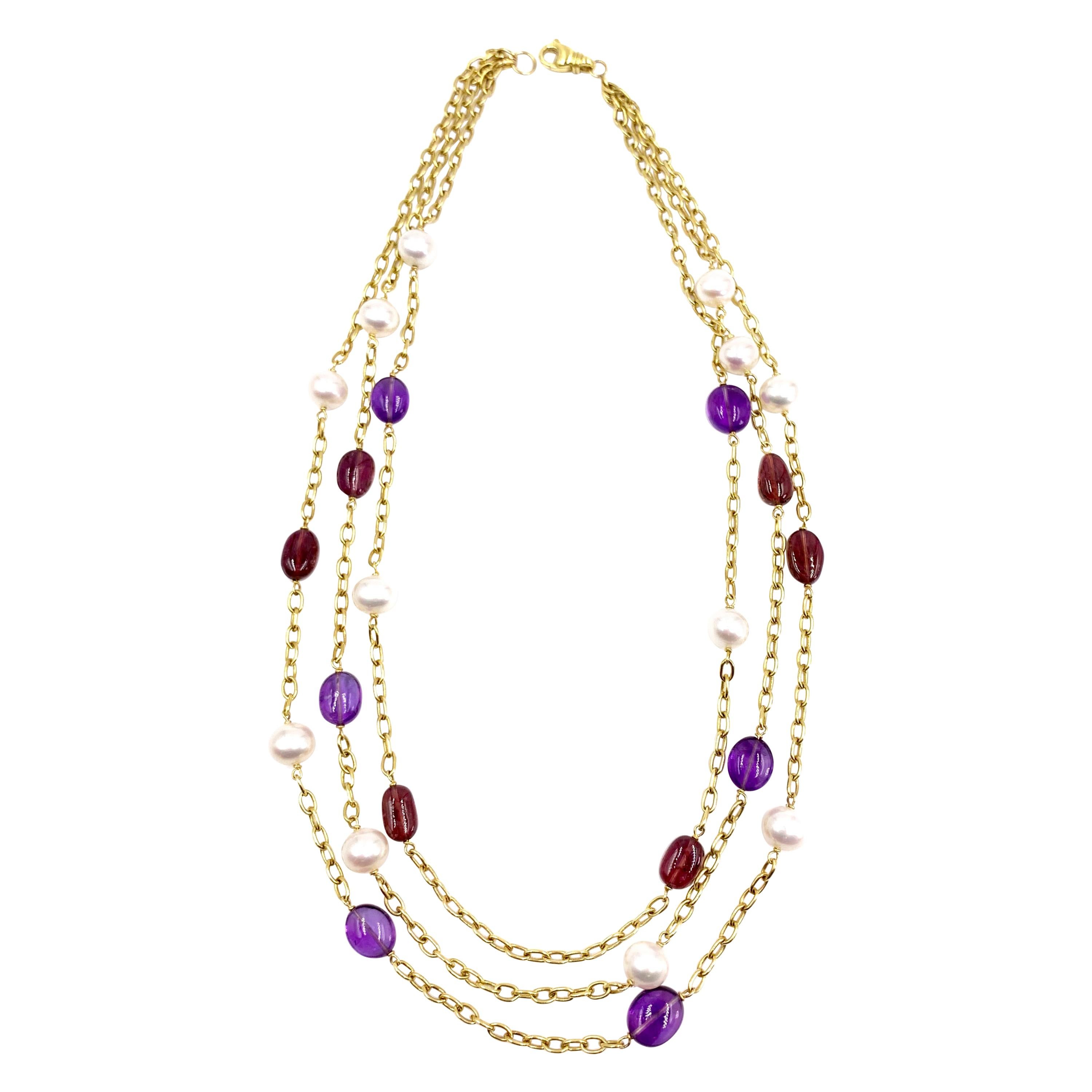 18 Karat Gold Three-Strand Pearl, Amethyst and Tourmaline Necklace For Sale