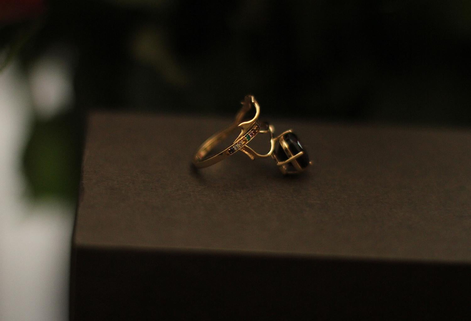18 Karat Gold Tibetan Ring with Paraiba Tourmaline, Diamonds and Emeralds For Sale 7