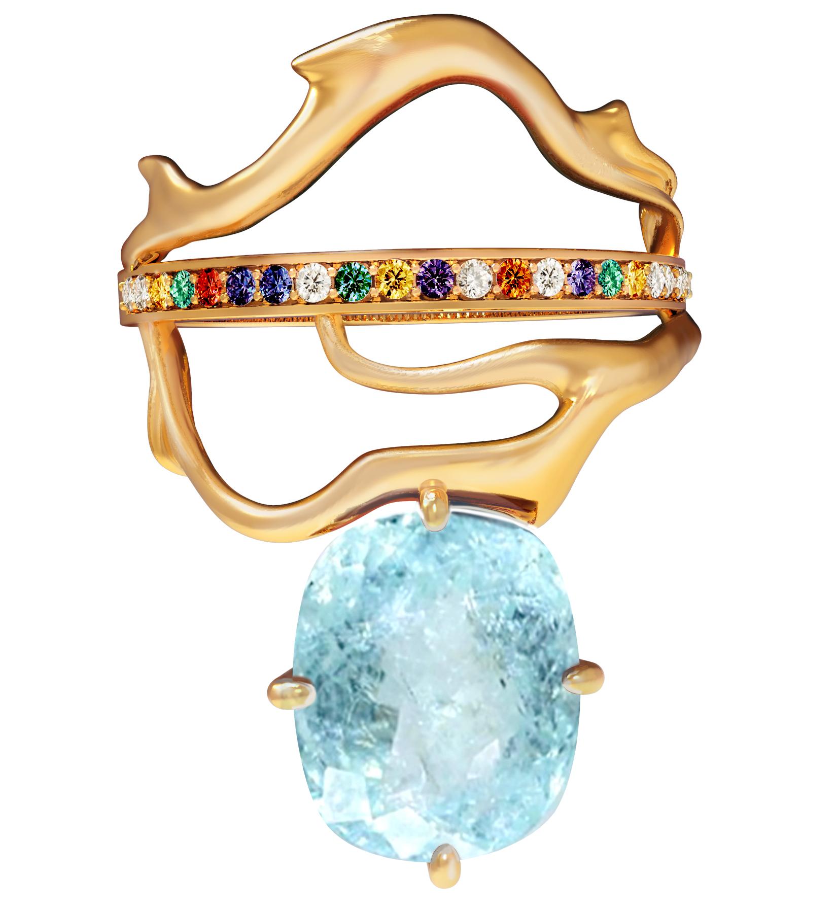 An unusual form makes this Tibetan 18 karat yellow gold contemporary ring an art object. It is encrusted with: colourful sapphires, diamonds, emeralds and oval paraiba tourmaline  (neon copper bearing, 2,4 carats, blue with inclusions). Size is