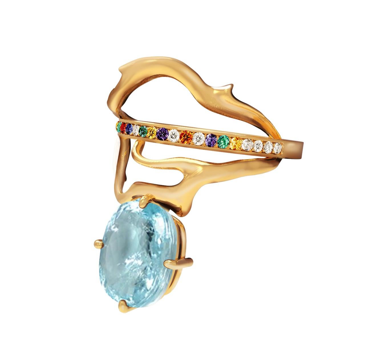 Contemporary 18 Karat Gold Tibetan Ring with Paraiba Tourmaline, Diamonds and Emeralds For Sale