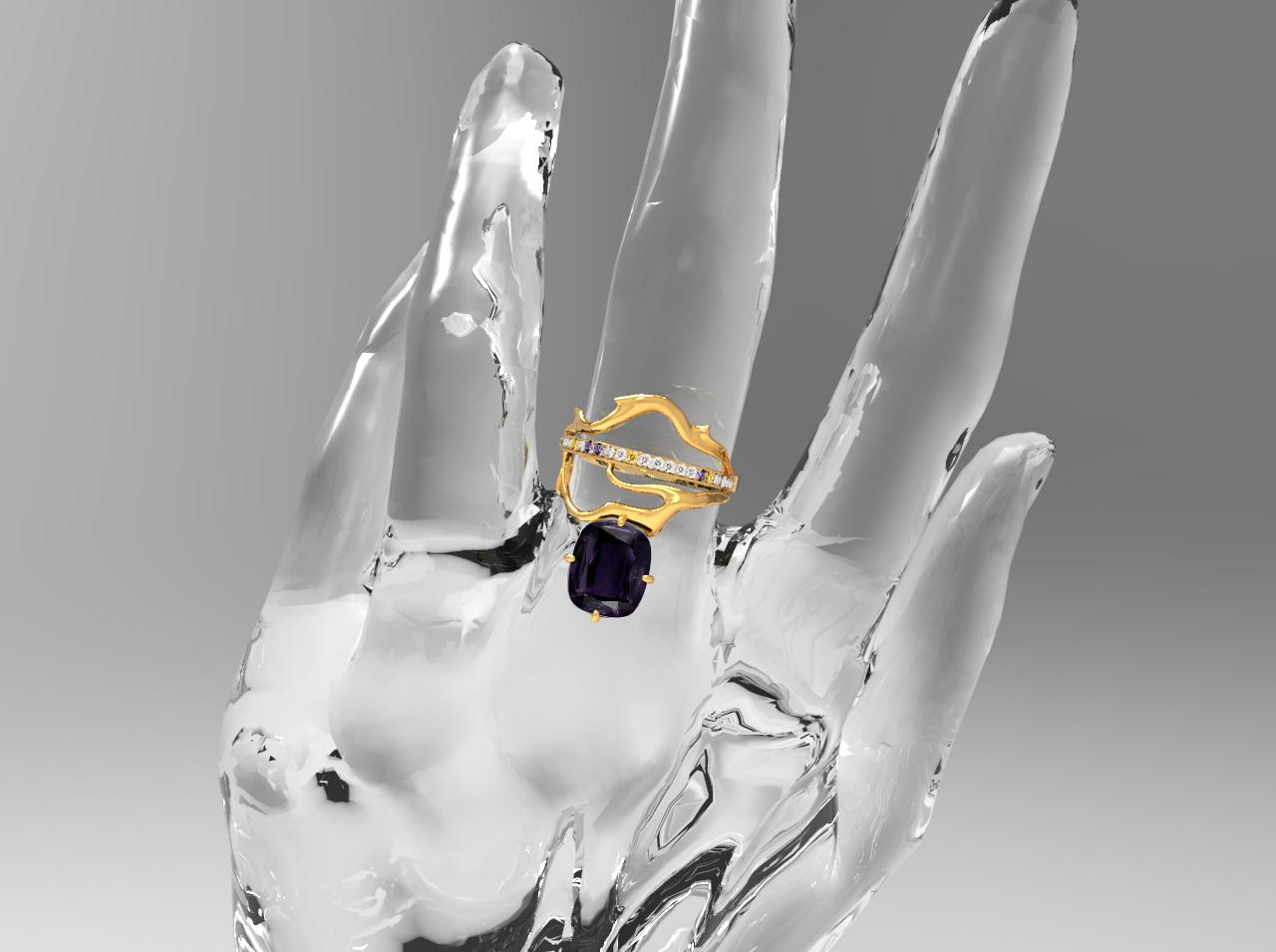 18 Karat Gold Tibetan Ring with Paraiba Tourmaline, Diamonds and Emeralds For Sale 1