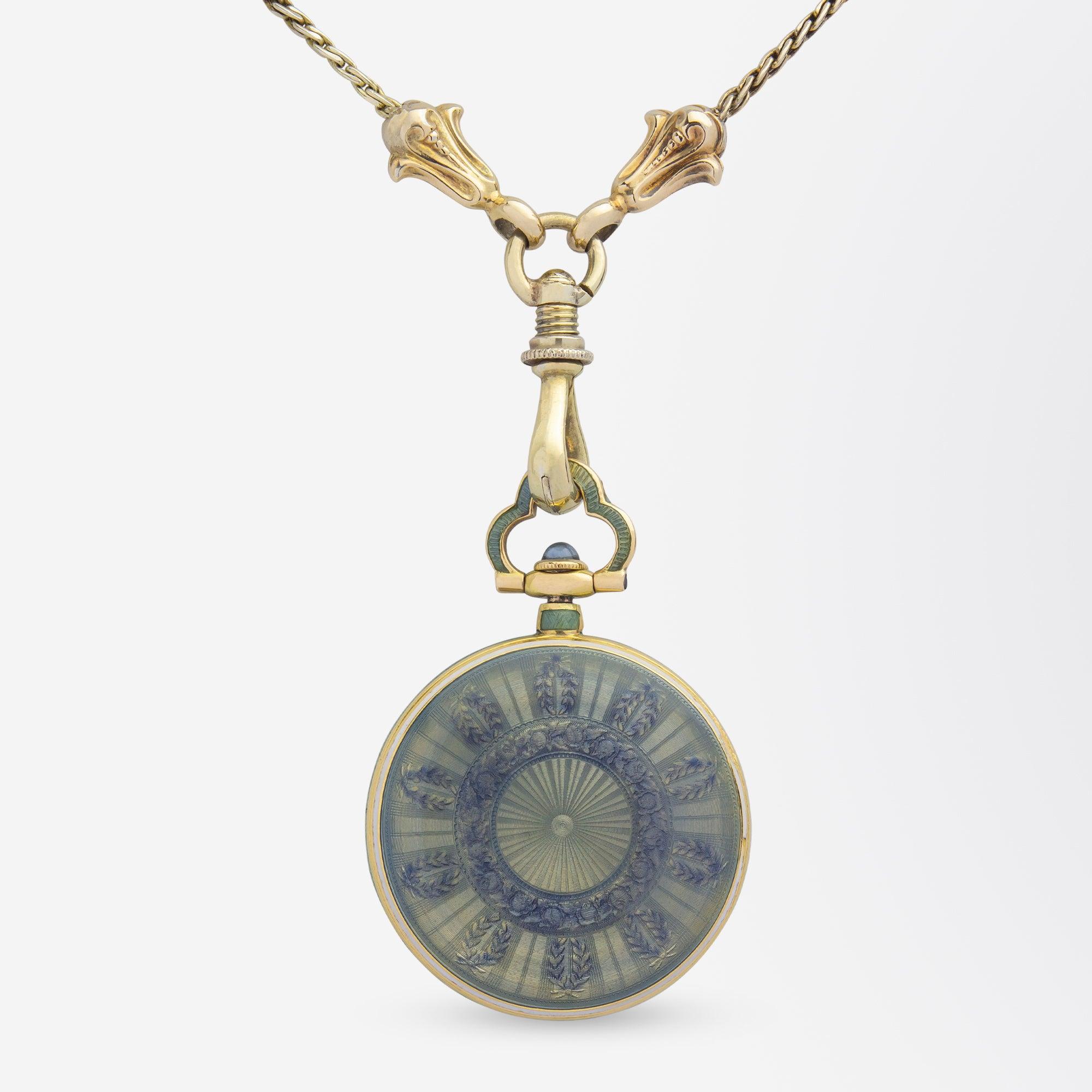 18 Karat Gold, Tiffany & Co emaillierte Uhr mit Anhänger an Kette (Art nouveau) im Angebot