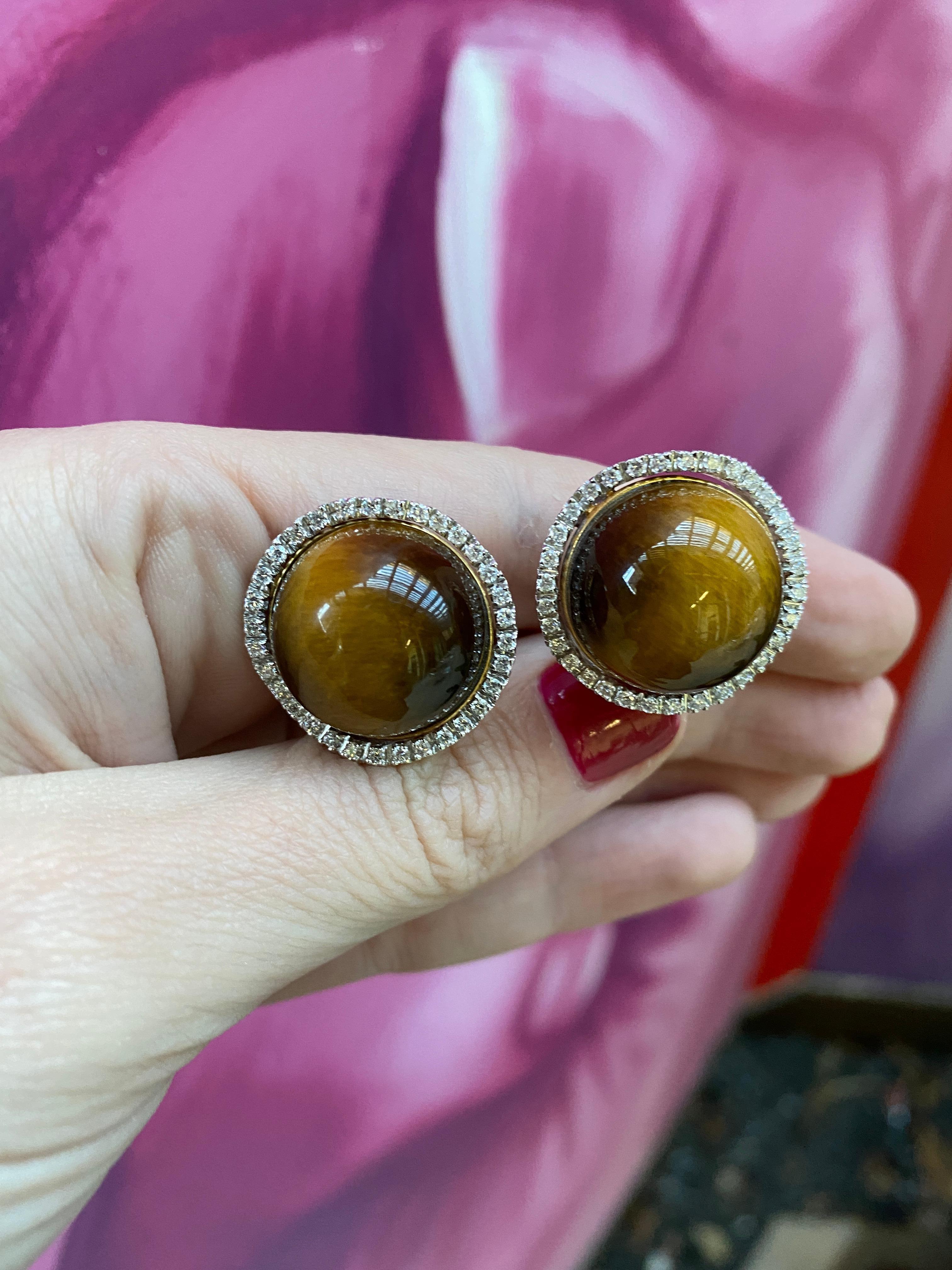 18 Karat Gold Tiger's Eye Cabochon & Diamond Earrings In Excellent Condition In Houston, TX