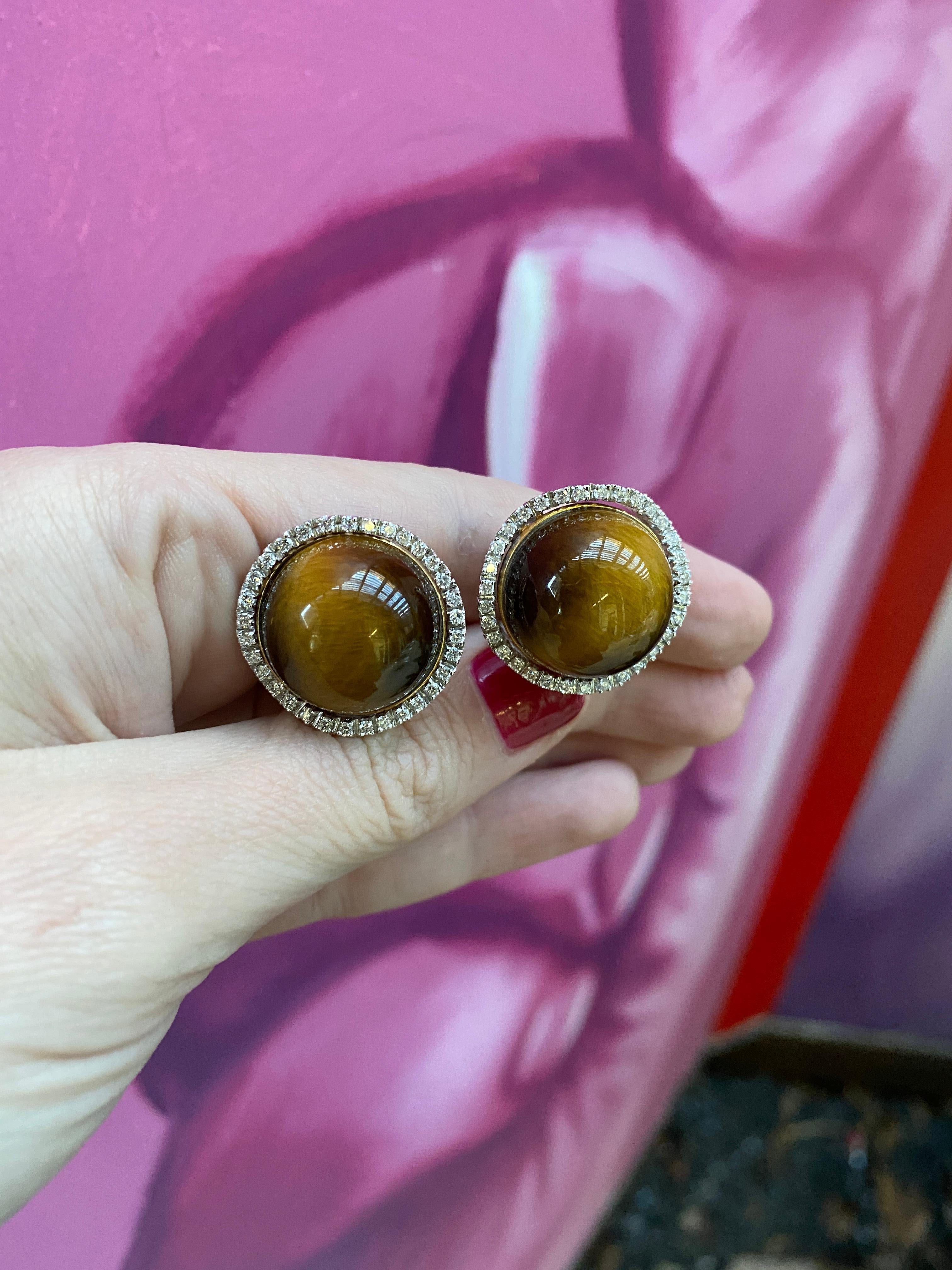  Boucles d'oreilles en or 18 carats avec cabochon œil de tigre et diamants Pour femmes 