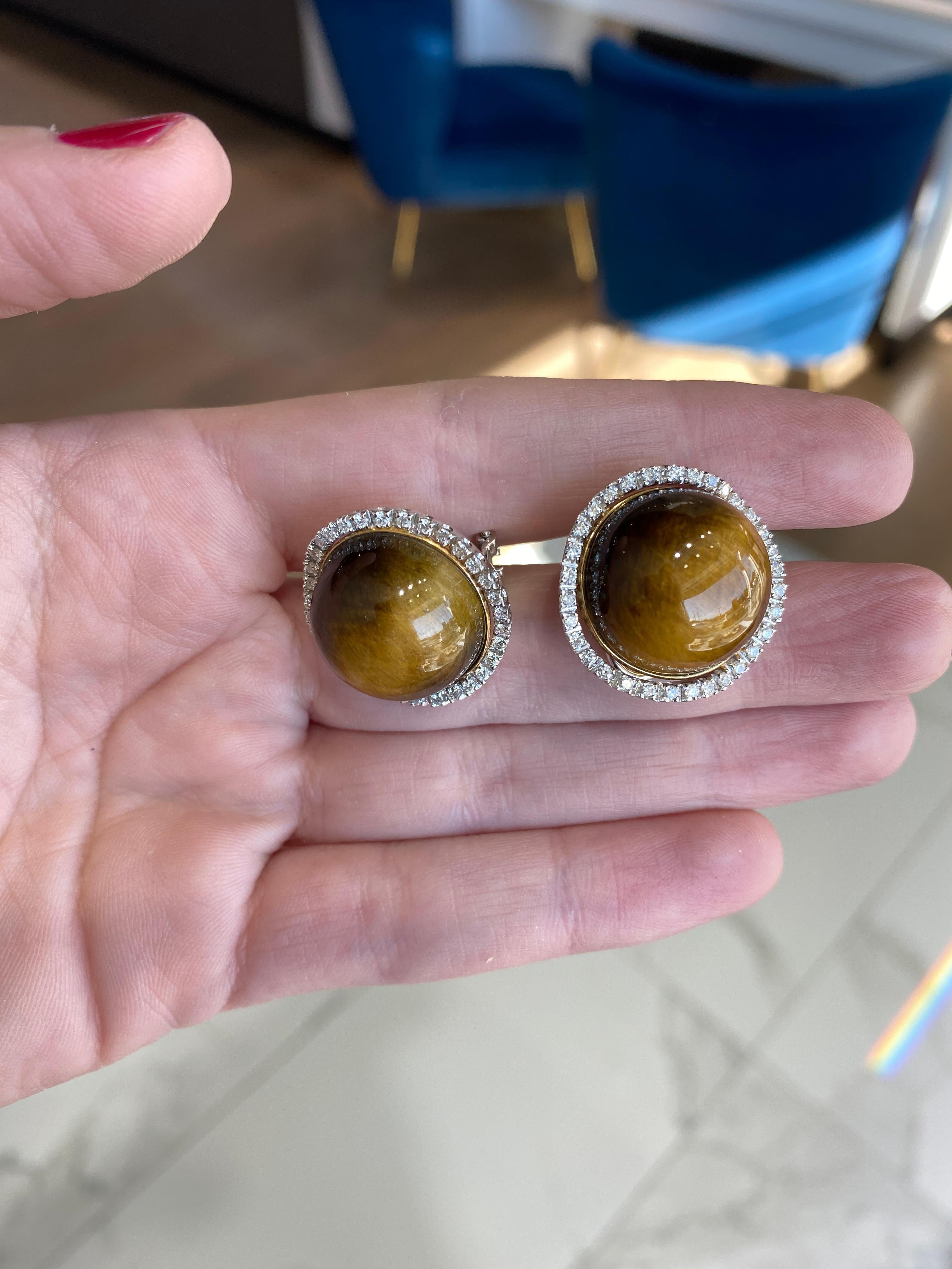 18 Karat Gold Tiger's Eye Cabochon & Diamond Earrings 4