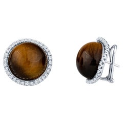 18 Karat Gold Tiger's Eye Cabochon & Diamond Earrings
